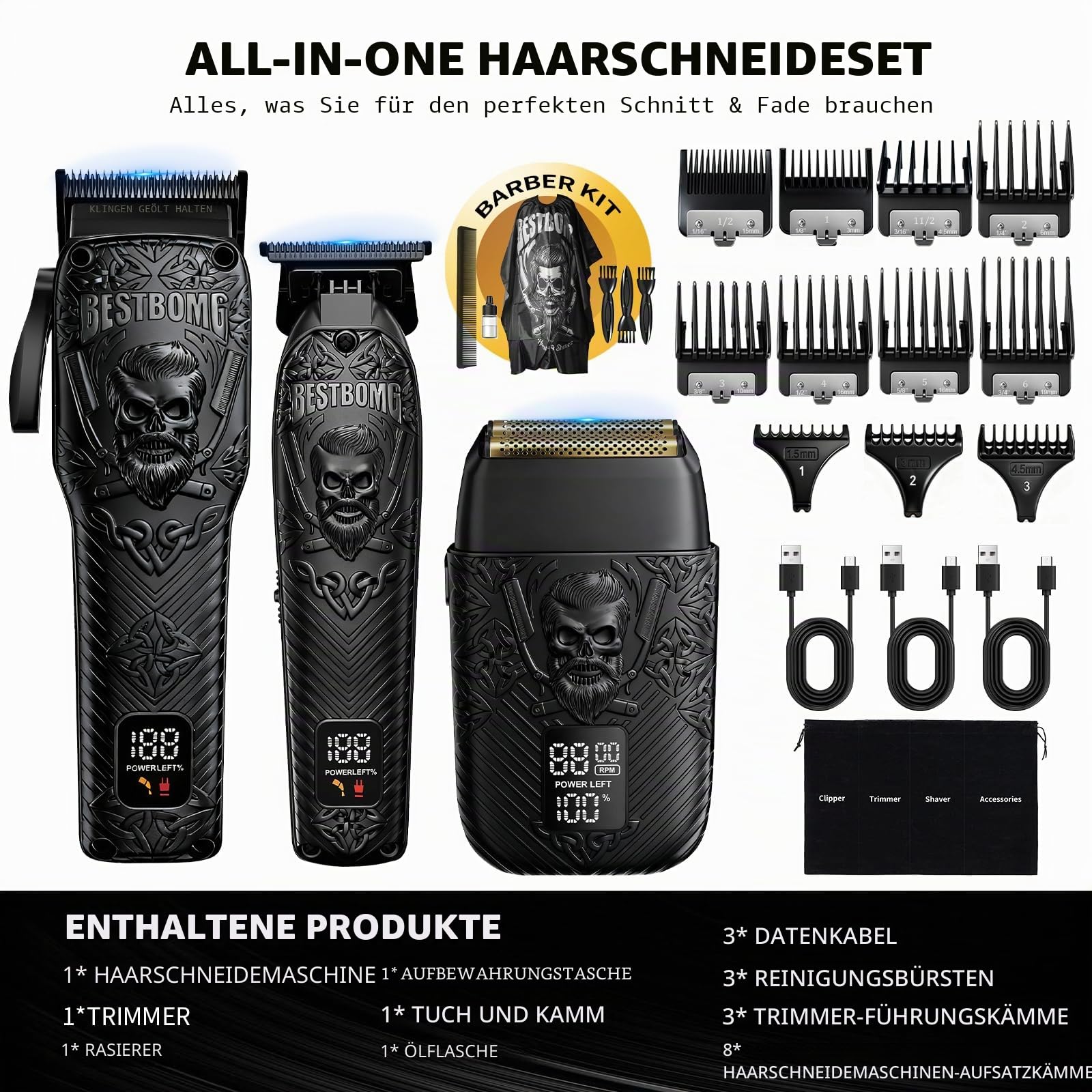 BESTBOMG Professionelle Schnurlose Herren Haarschneidemaschine & Bartschneider und Elektrische Rasierer Sets & Kits, Metall Haarschneidemaschine Schneide- und Pflegeset mit langer Akkulaufzeit für den