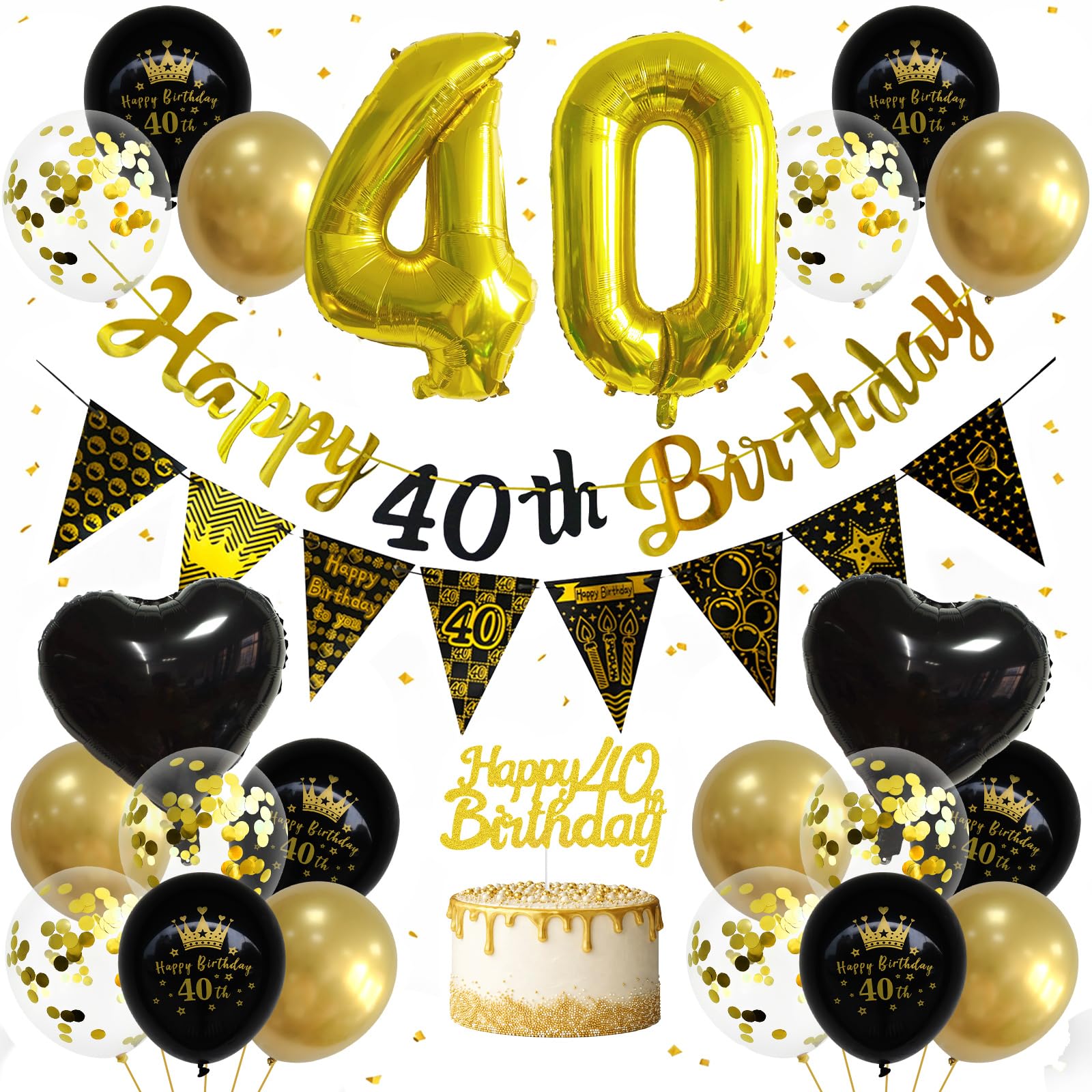40th Black and Gold Birthday Decorations for Women & Men, Black Gold Party Supplies with 32 Inch Gold Number Balloon, Happy Birthday Banner, Heart & Confetti Balloons, Cake Topper & Triangle Bunting