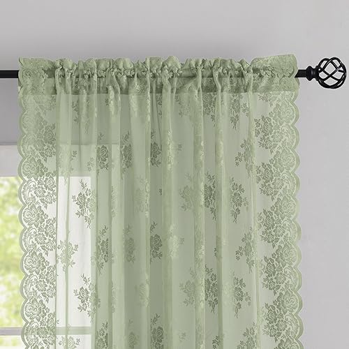Miniatura 19 de Kotile Cortinas traslúcidas beige de 96 pulgadas de largo para sala de estar, 2 paneles de cortinas rústicas de encaje florales retro crema para