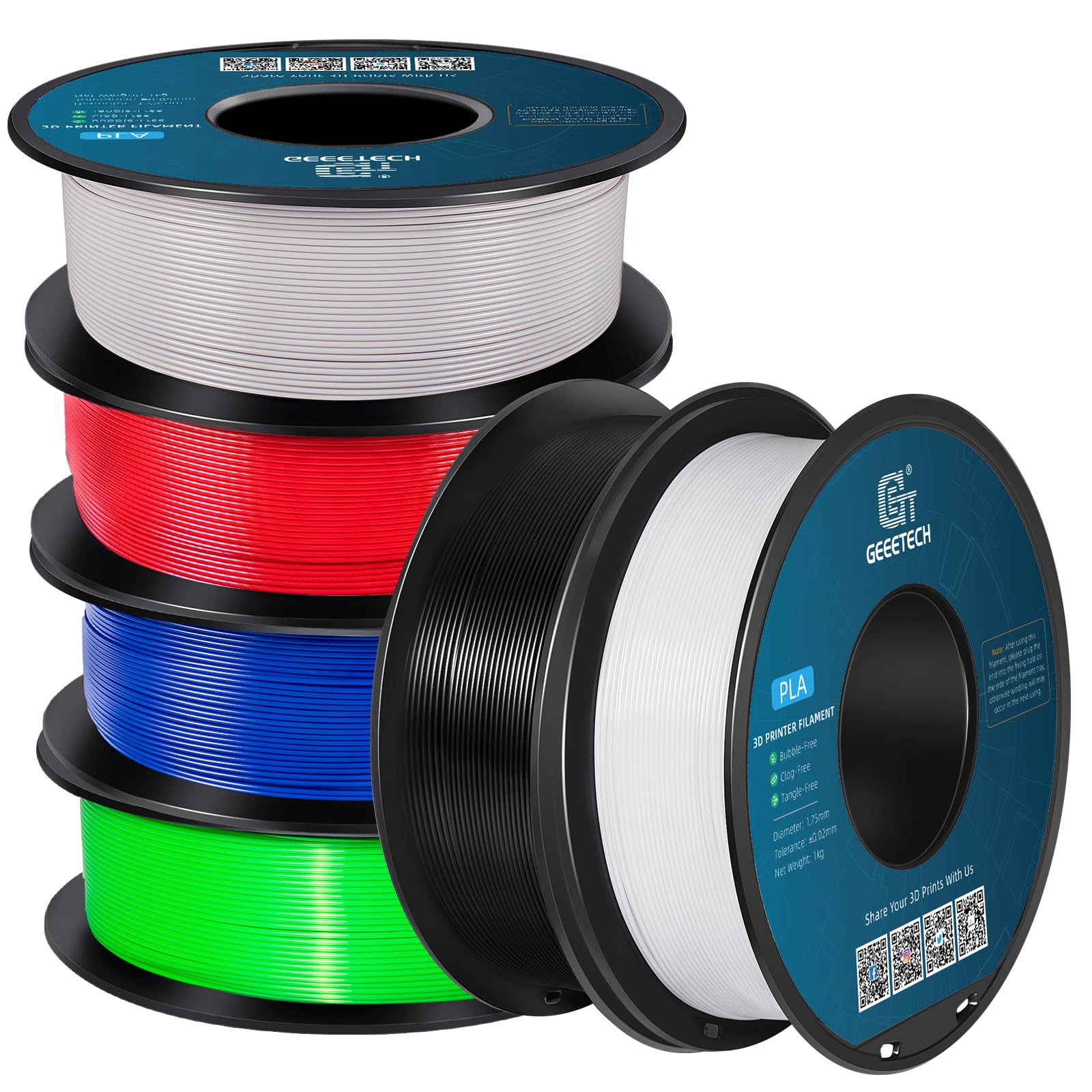 GEEETECH Filamento PLA 1,75 mm para impresoras 3D, negro/blanco/gris/rojo/verde/azul, 6 x 1 kg, juego de 6 rollos
