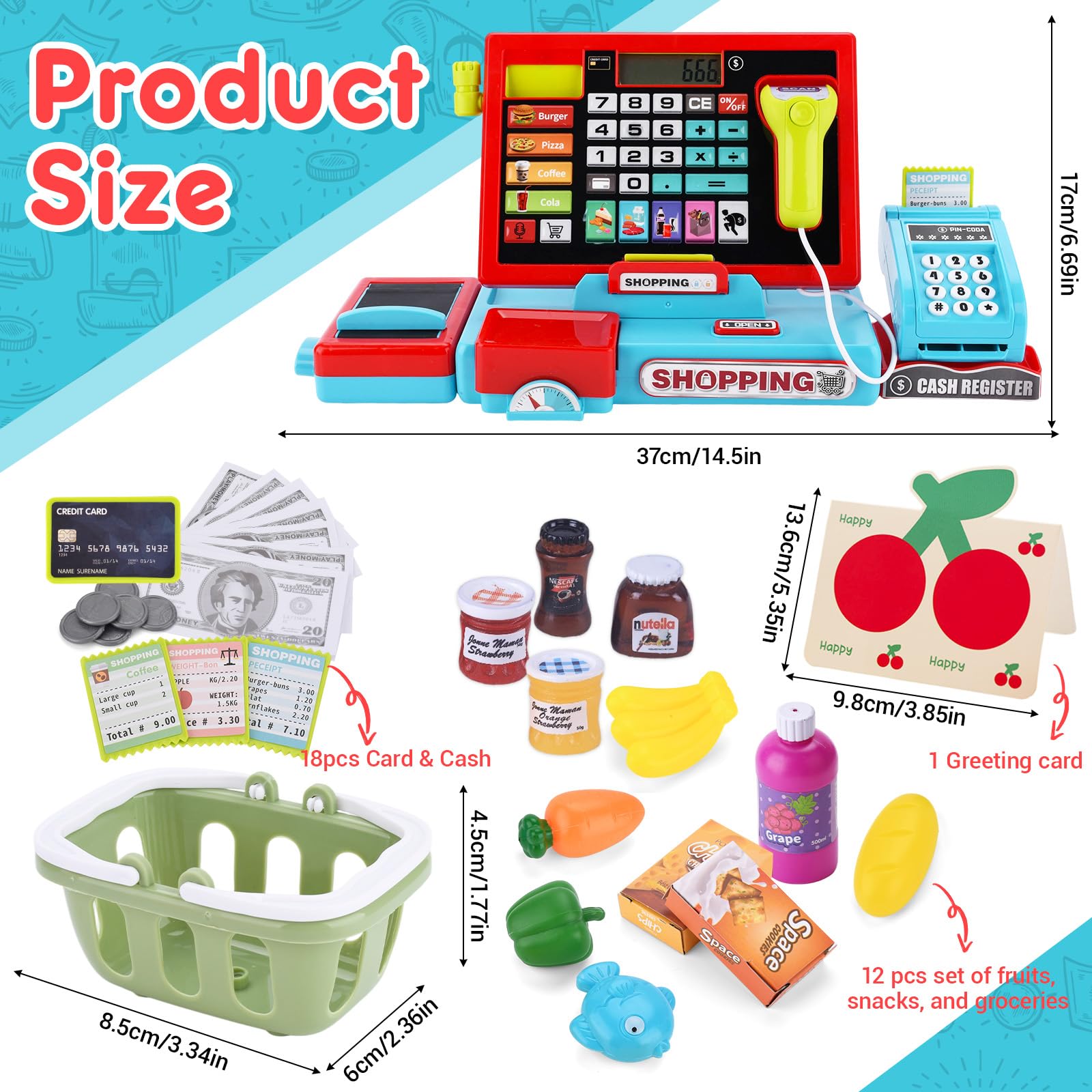 Jouet Caisse Enregistreuse pour Enfants,Caisse Enregistreuse Jouet,Caisse Enregistreuse Enfants,Accessoires avec Scanner Son et Lumière,Jouets Alimentaires,Jeu de Rôle pour Enfant de 3+Ans