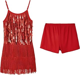 LOLANTA Traje de Baile con Flecos de Lentejuelas para Niñas, Conjunto de Baile Latino para Niños Salsa Rumba, Brillantes Minivestido Flecos de Baile Sin Mangas con Pantalón Corto