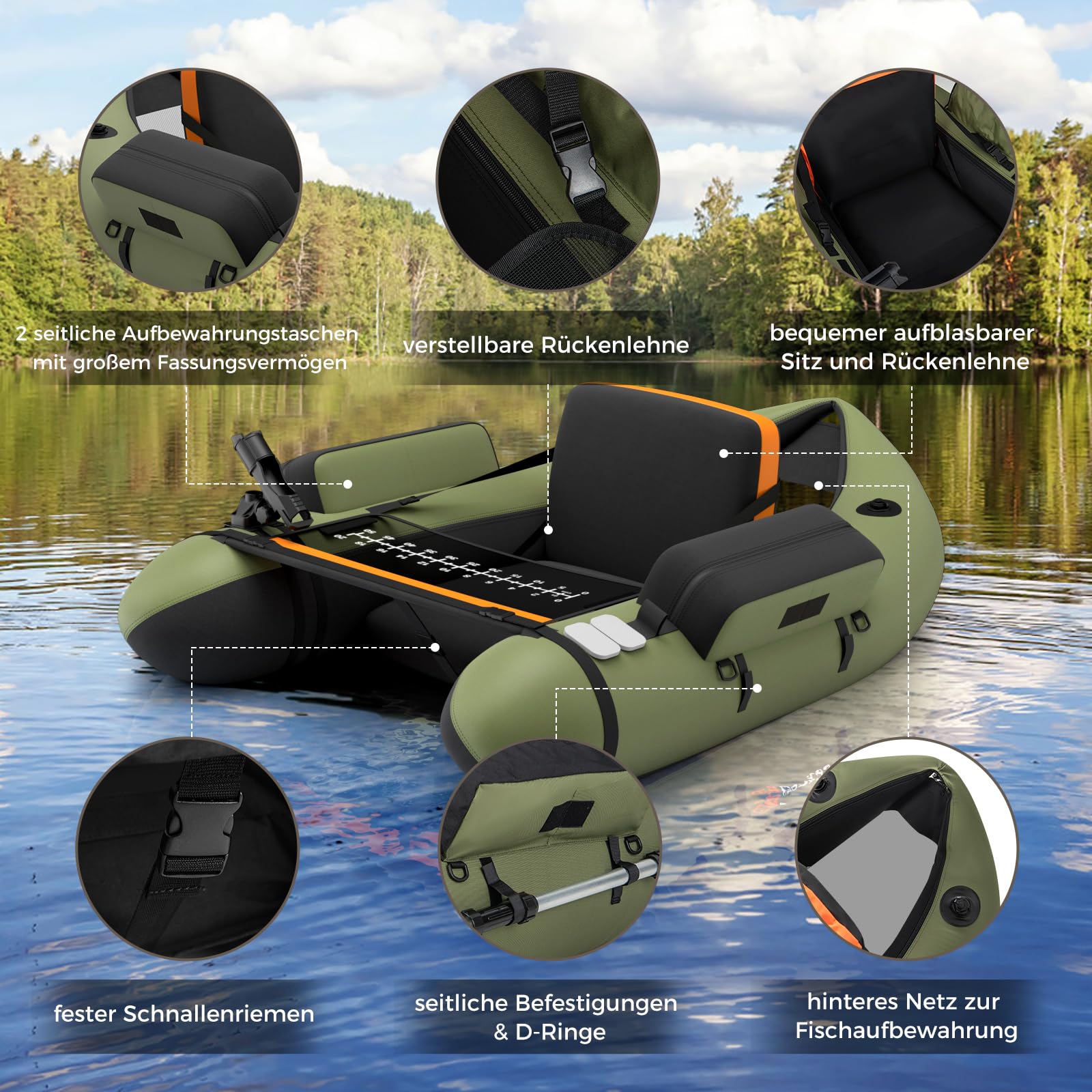 GOPLUS Bellyboot, Belly Boat o nośności do 150 kg, nadmuchiwana łódka do wędkowania z aluminiowym wiosłem, pompką, płetwami, linijką do ryb, uchwytem na wędkę i 2 szelkami, 135 x 109 x 54 cm
