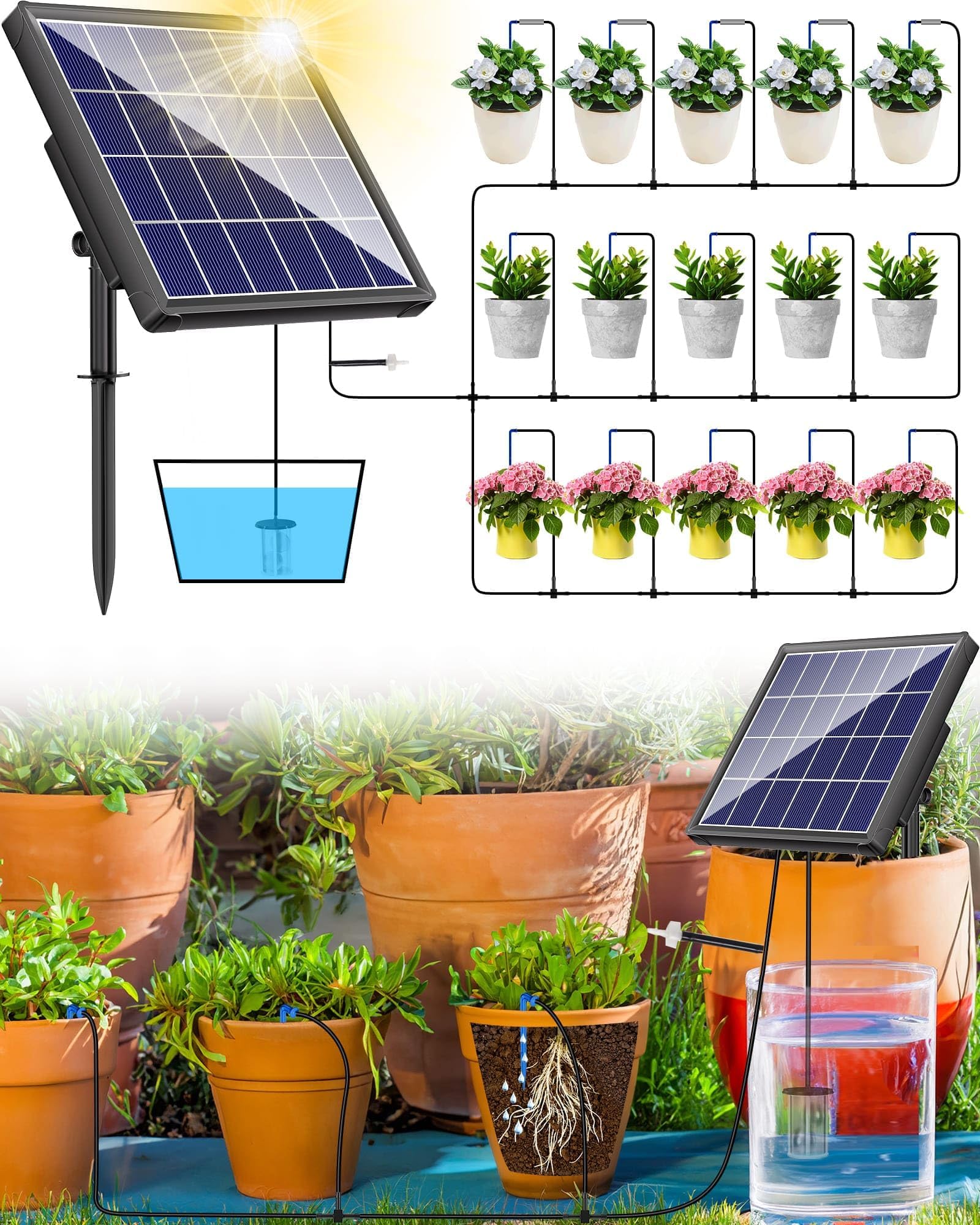 – Biling Solar Automatic Watering System, 15 Drippers Solar Powered Irrigation System 6 Modes Solar Drip Irrigation System Kit for Pot Plants Greenhouse, Garden, Terrace Waterer Outdoor Plant