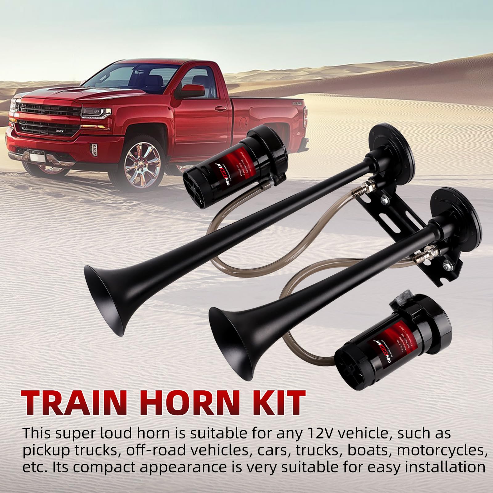 Air Horn for truck horn kit, ultra loud dB. The Air horn with two 120 PSI Air compressor is suitable for pickup/motorhome/SUV/truck/train 12V 150db and other vehicles ((2 speakers with button))