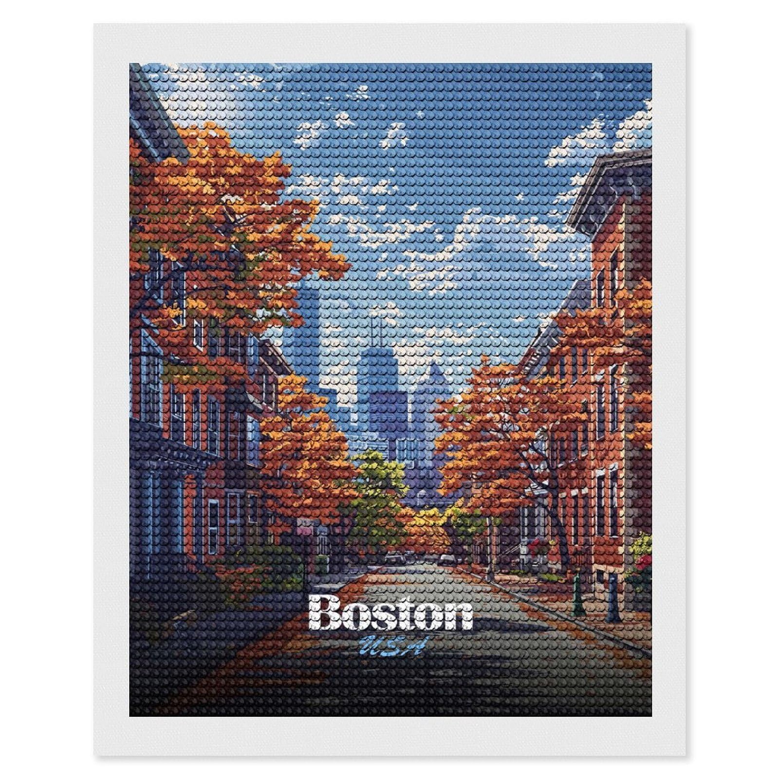 Junmoney Boston USA Autumn Street Scene DIY Diamond Art Canvas Kit 16"x20", Complete Accessories, Creative Leisure Activity, Home Wall Decor, Gift Idea