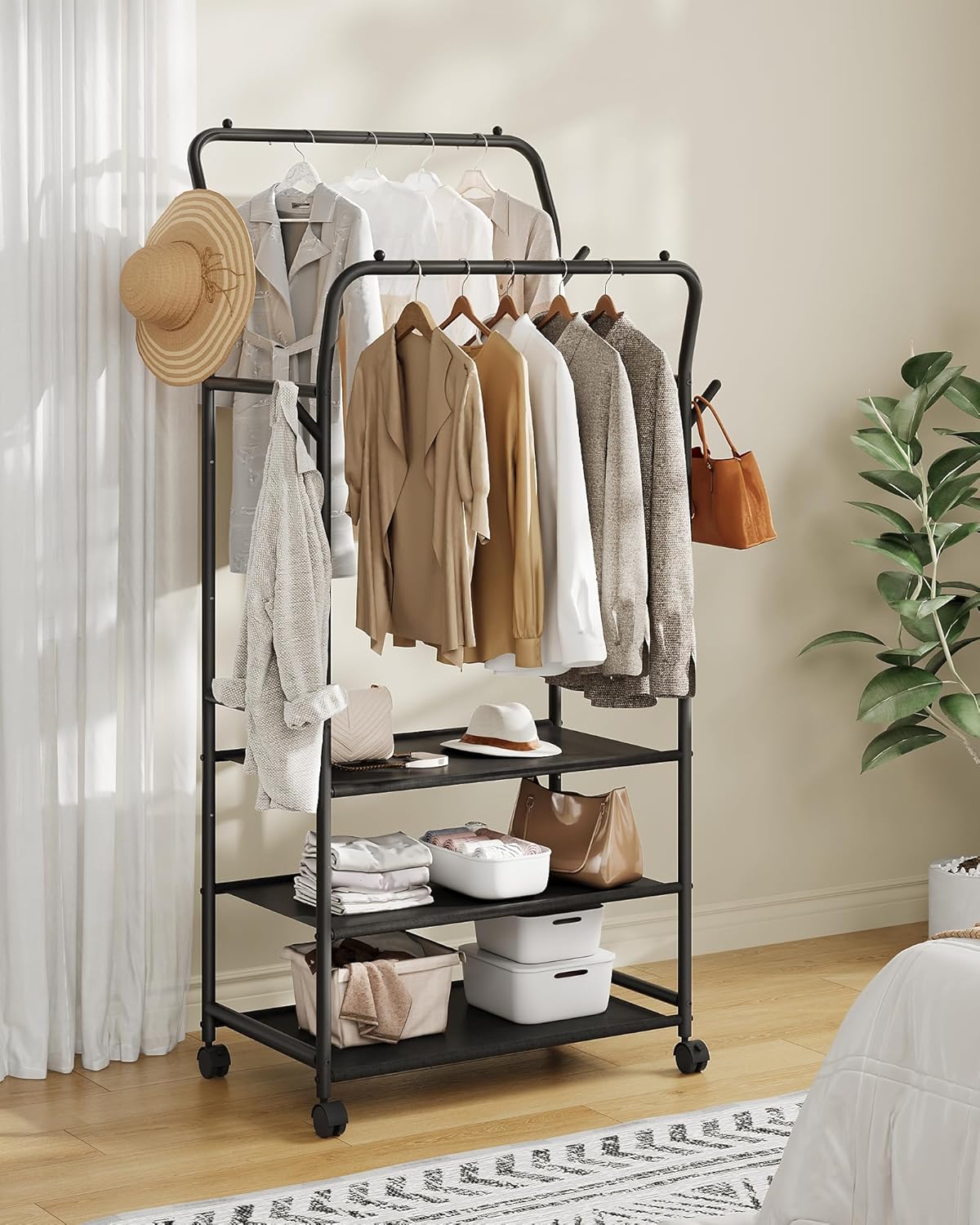 Clothes Racks for Hanging Clothes, Rolling Garment Rack, Clothing Rack with Wheels and Hooks, Double Rod Clothes Rack with Shelves, for Bedroom, Living Room, Laundry Room Black TYM07BB Clothes Racks for Hanging Clothes, Rolling Garment Rack, Clothing Rack with Wheels and Hooks, Double Rod Clothes Rack with Shelves, for Bedroom, Living Room, Laundry Room Black TYM07BB