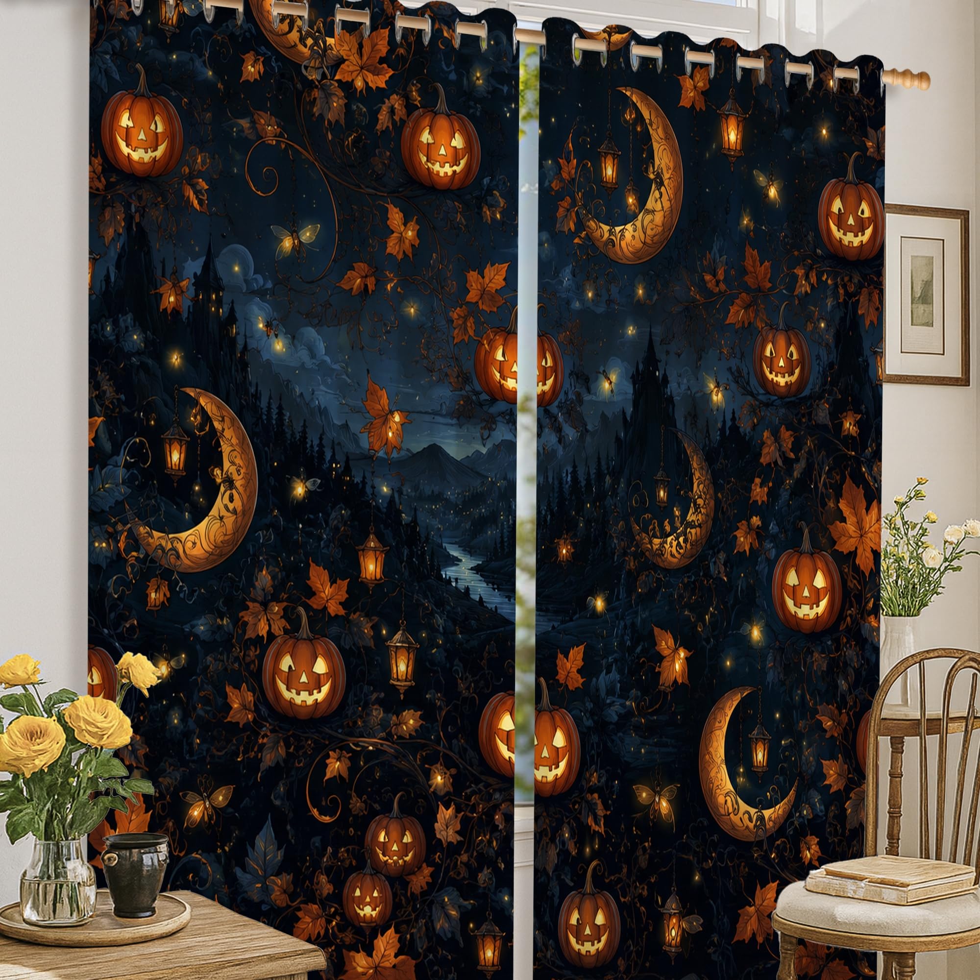Rideau occultant citrouille lanterne lune orange rideaux de chambre