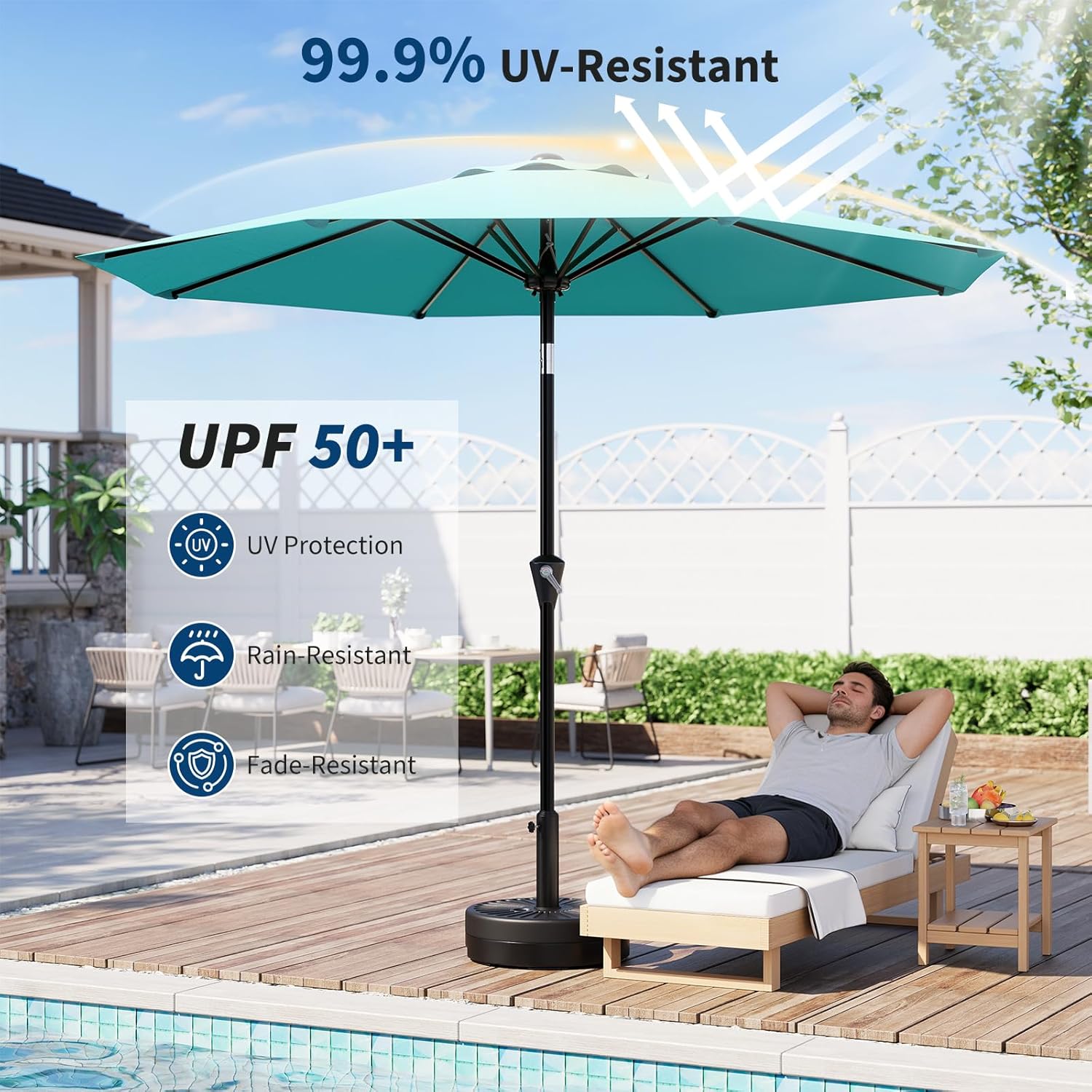 GarveeLife 9FT Umbrella Outdoor Patio, Table Umbrella with Push Button Tilt and Crank, 8 Sturdy Ribs Waterproof UV Protection for Garden, Pool, Deck, Backyard, Market (Sky Blue)