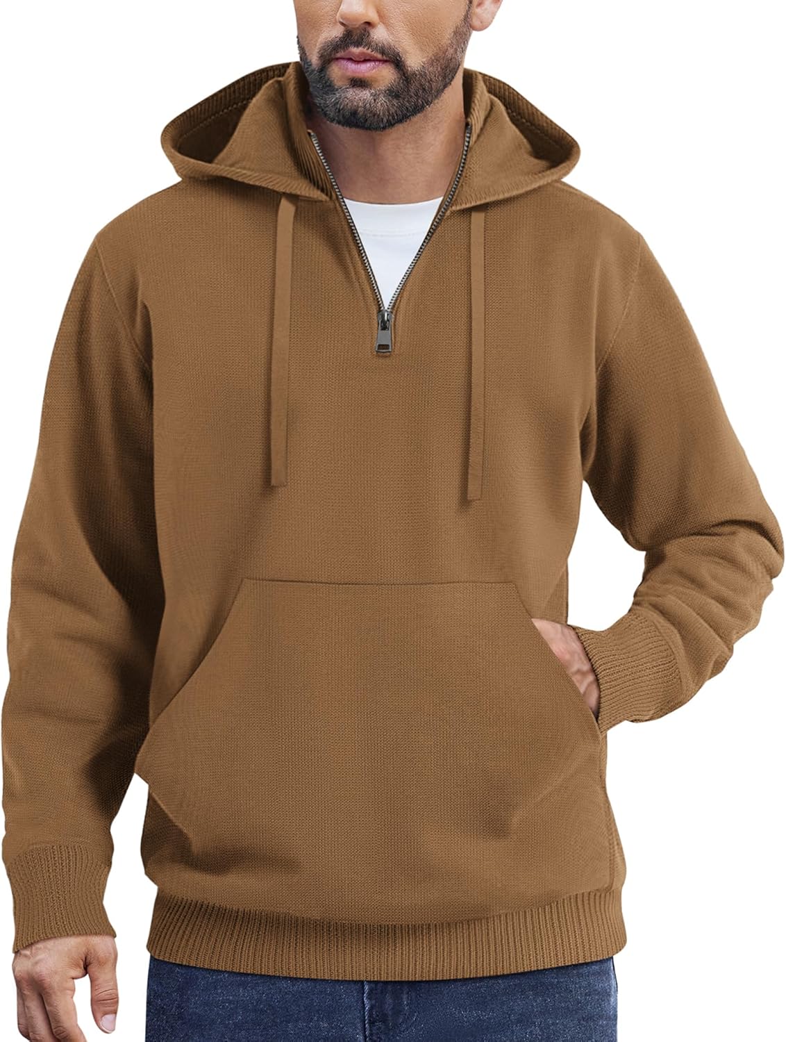 COOFANDY Mens Knitted Hoodie Sweater Long Sleeve Turtleneck Quarter Zip Pullover Sweaters with Pocket