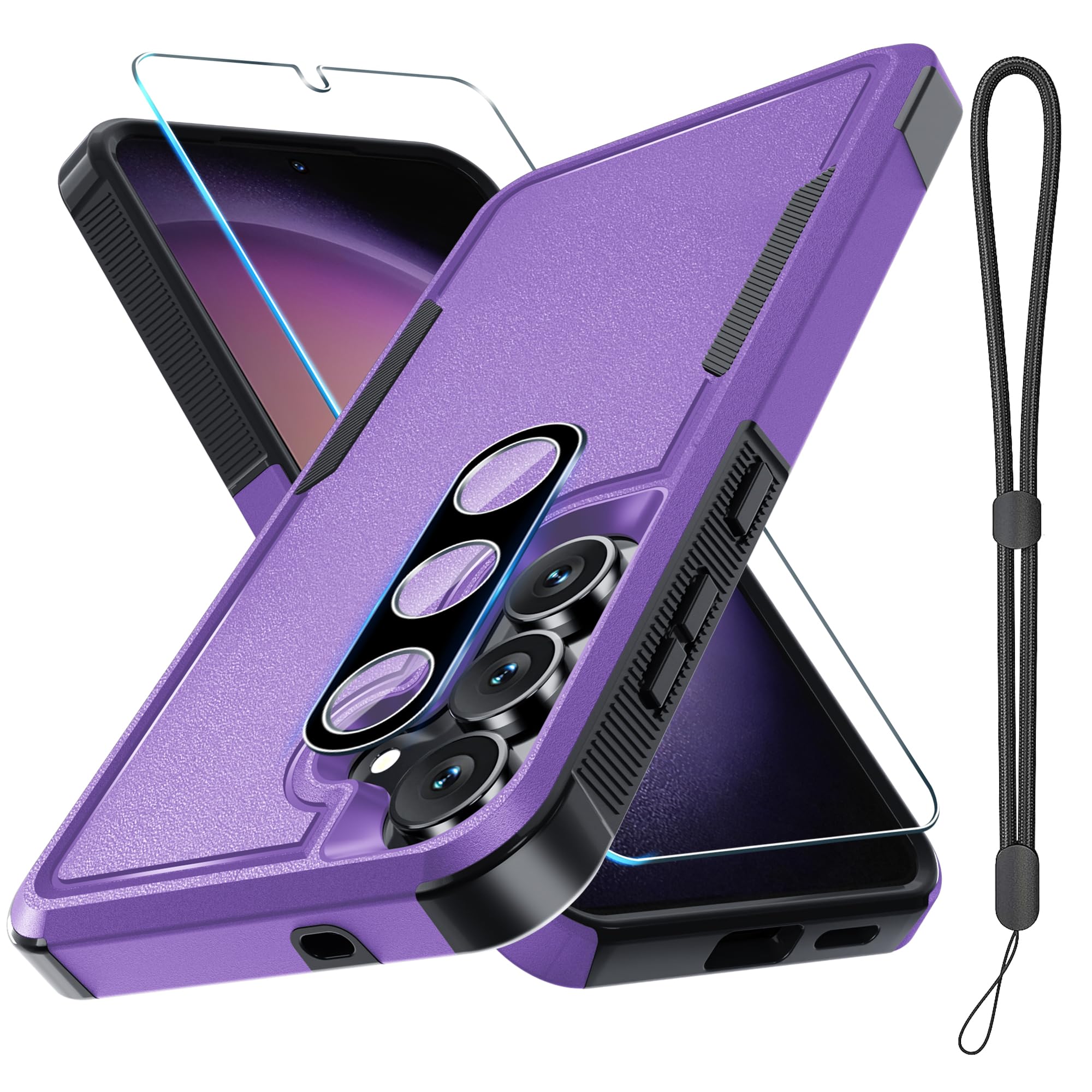 for Samsung Galaxy S25 FE Case with Screen Protector+Camera Lens Cover,Military Grade Heavy Duty Shockproof Phone Cover with Wrist Lanyard Strap for Samsung S25fe,Lavender