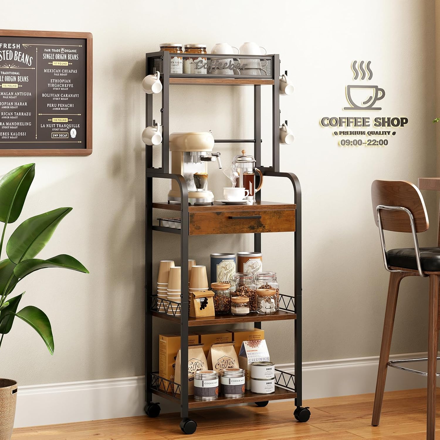 HavenlyYouth Coffee Station Organizer - 5 Tier Coffee Bar Cart with Wheels and Storage, Pod Drawers and 4 Hooks for k Cup Organizer, Tea Bar, Living Room, Kitchen,Office