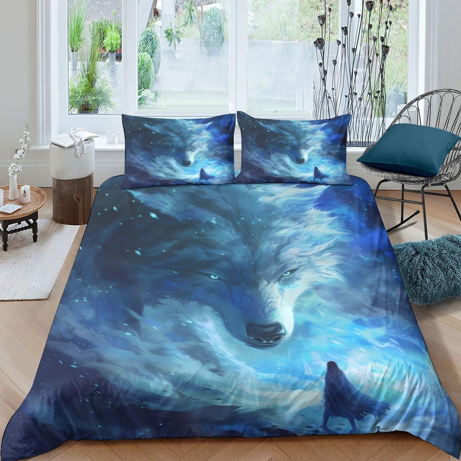 TUFRTGYHN 3D Printed Blue Wolf Duvet Cover Microfiber Soft Breathable Night Forest Bedding Set with 2 Pillowcases for Bedroom Decor Single（135x200cm）