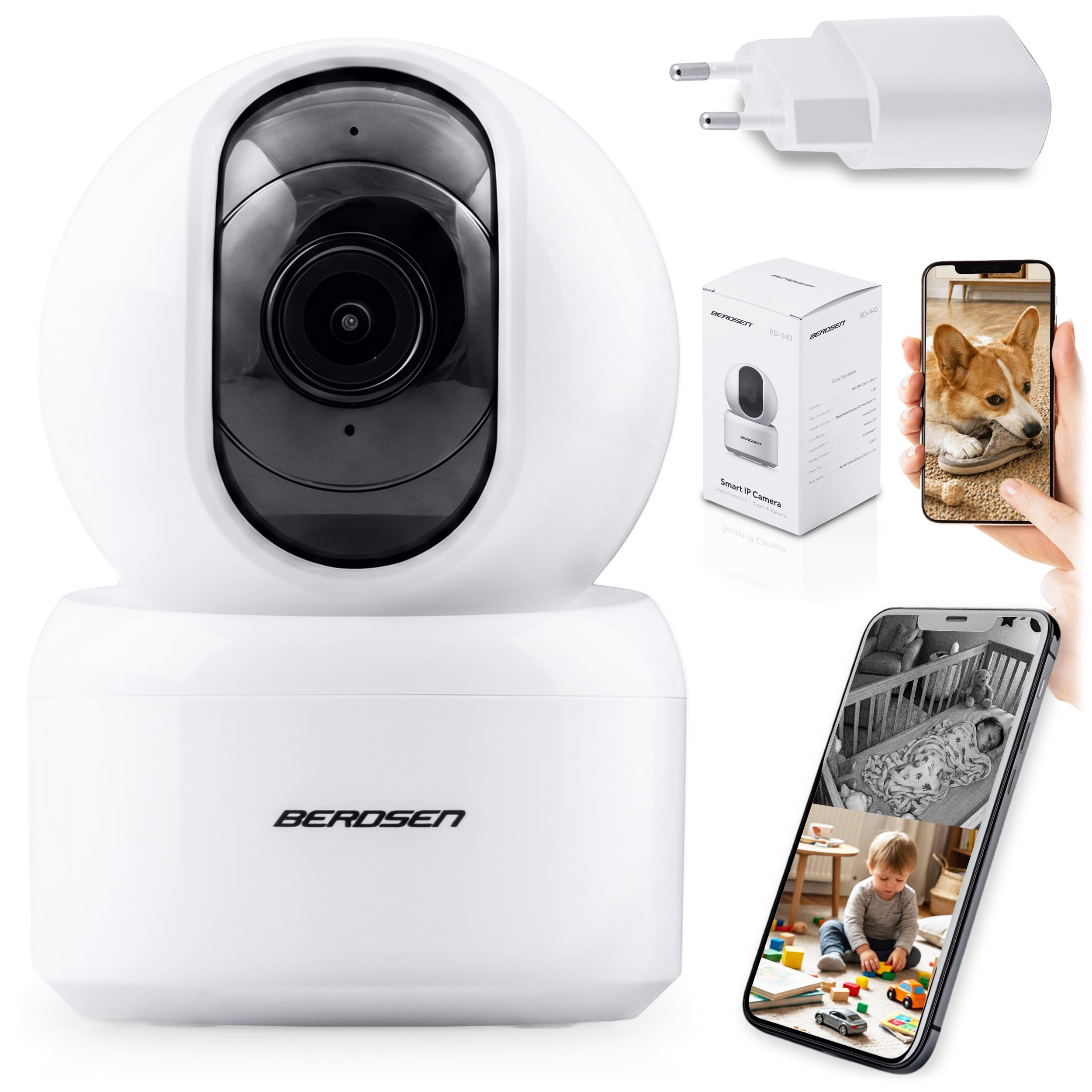 Berdsen Tuya - Cámara IP WiFi 3MP Monitor de bebé con cámara - Giratorio 355°/59° - Modo Nocturno, 4 LED IR, detección de Movimiento, Audio bidireccional, MicroSD