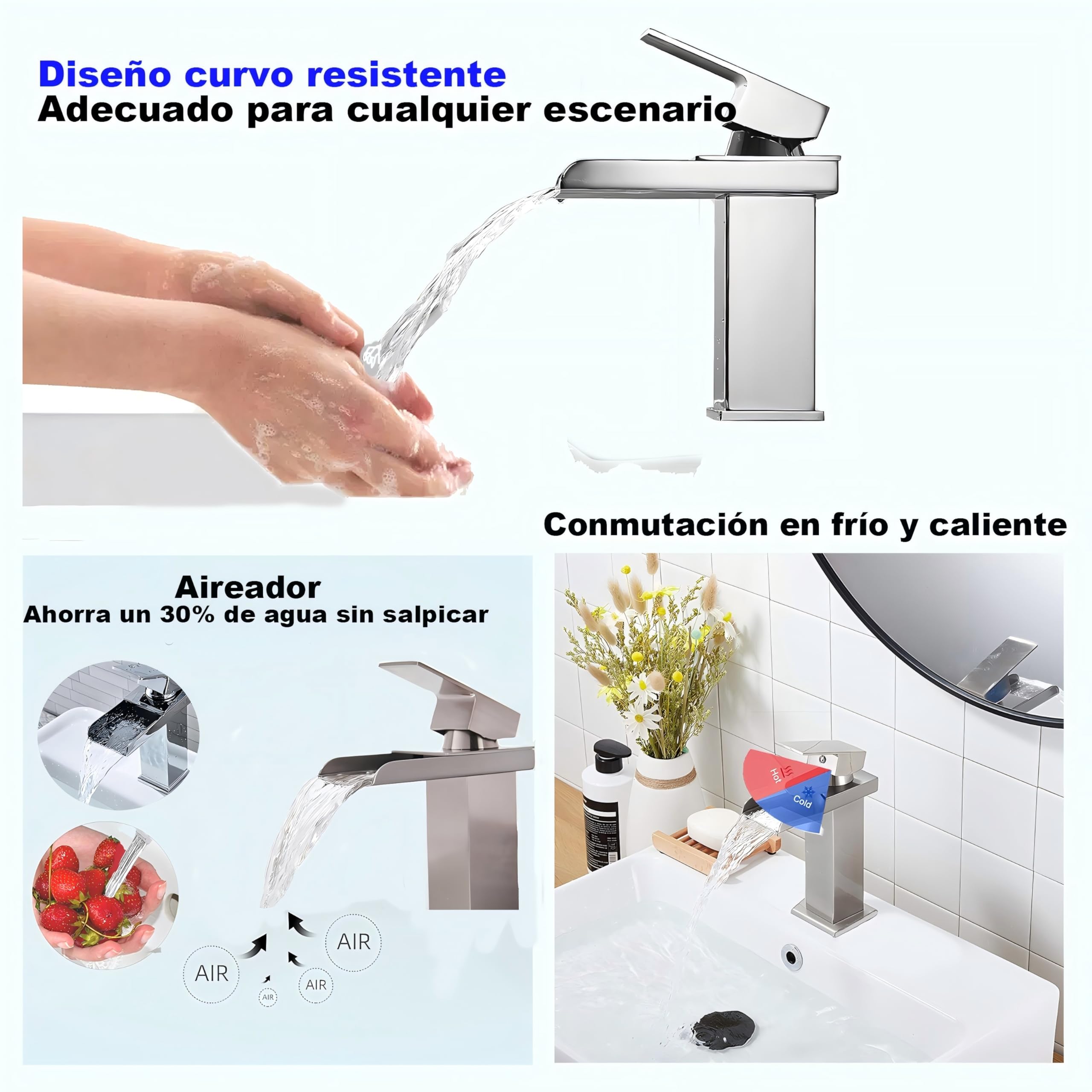 Grifo de baño de cascada de acero inoxidable y latón, ahorro de agua, grifo de lavabo con salida caliente y fría, grifo monomando (cepillado)