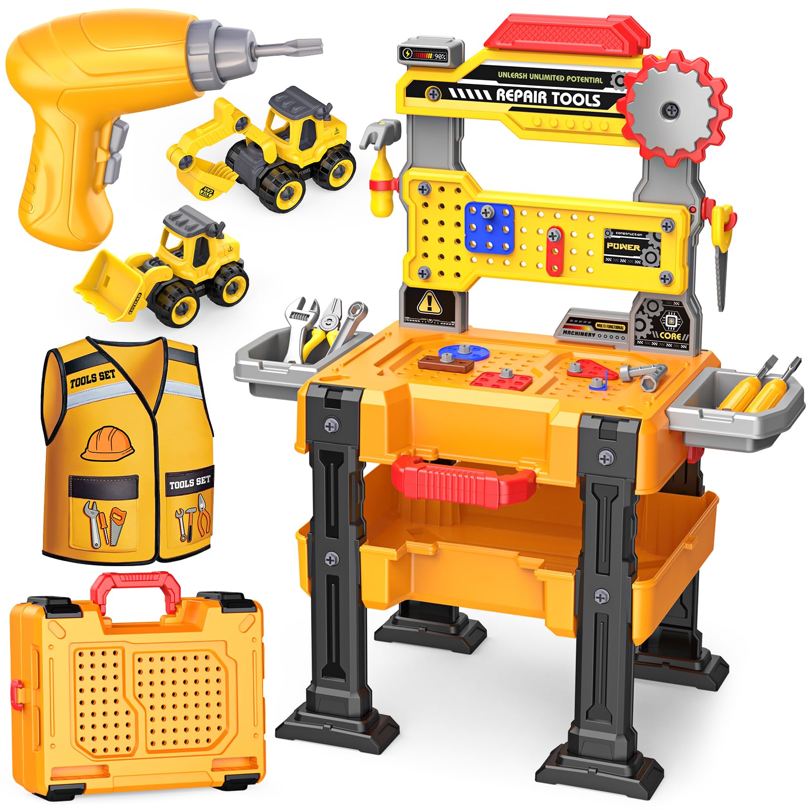 Giocattoli per Bambini Maschi 3-5 Anni: Banco da Lavoro con Trapano Elettrico Realistico, Veicoli da Costruzione Smontabili e Costume, Giochi Imitazione Educativi, Regalo Compleanno per Bambini