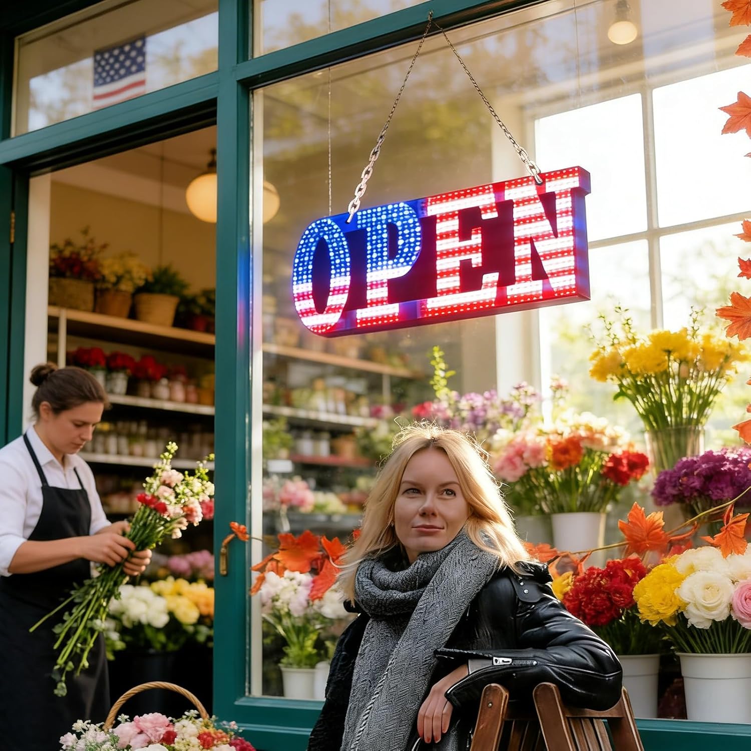 Large LED Open Sign for Business - Unique Design super Bright Open Signs With chain - High Visibility for Stores, Bar, Hotel, Retail Shops,Window, Salon, Restaurant, Office (American Flag, 30 "x 10")