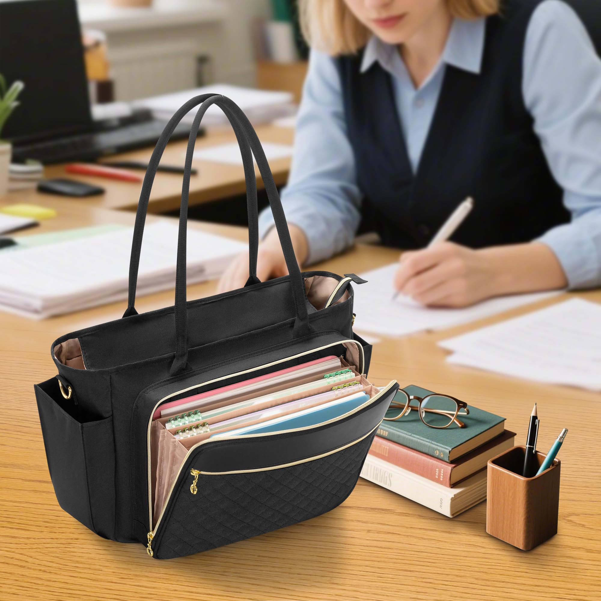 Luxja Borsa per Insegnante con Tasca Portadocumenti a Fisarmonica | Borsa Tote per Insegnante per Donne con Scomparto per Laptop da 15,6 Pollici