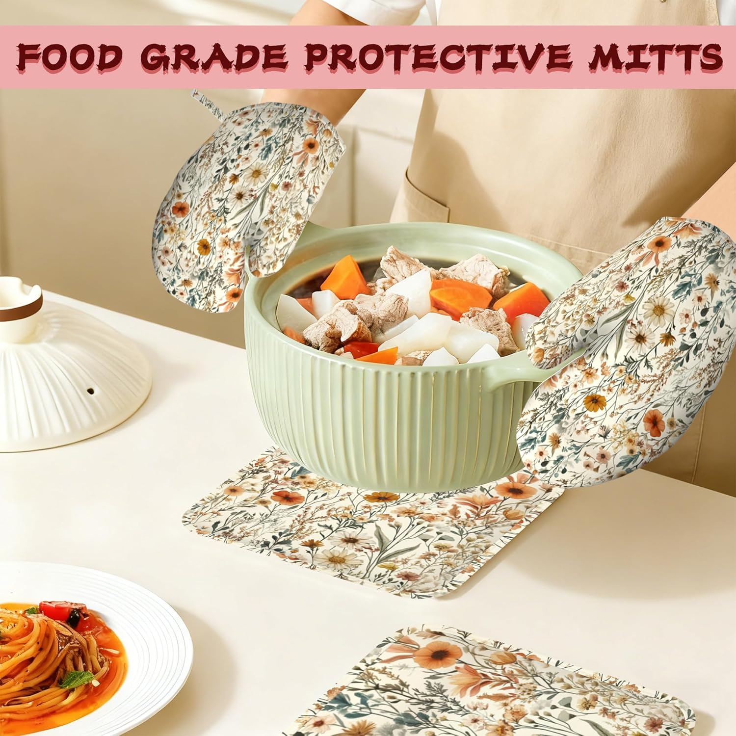 Vintage Flowers Silicone Oven Mitts and Pot Holders,Boho Heat-Resistant 4 Piece Kitchen Set Non-Slip Oven Gloves and Hot Pads for Cooking, Baking, Grilling,BBQ