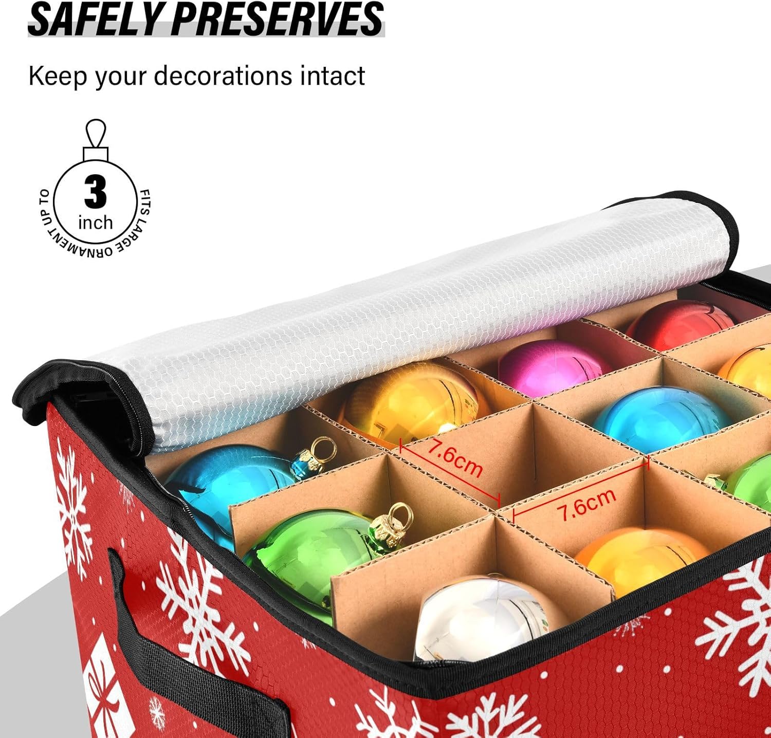 High Capacity Christmas ornament storage bag Holds Up to 64, Zippered Top handy Holiday Storage Case with Lid,Christmas Motifs Snowflake Box