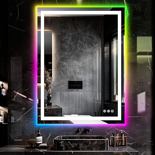 36x28 Inch RGB LED Bathroom Mirror Front Light LED Bathroom Mirror with 3 Colors, Vanity Mirror with Lights, Anti-Fog Wall Mounted, Dimmable Touch Switch Control, Memory Front and Backlit Smart Mirror