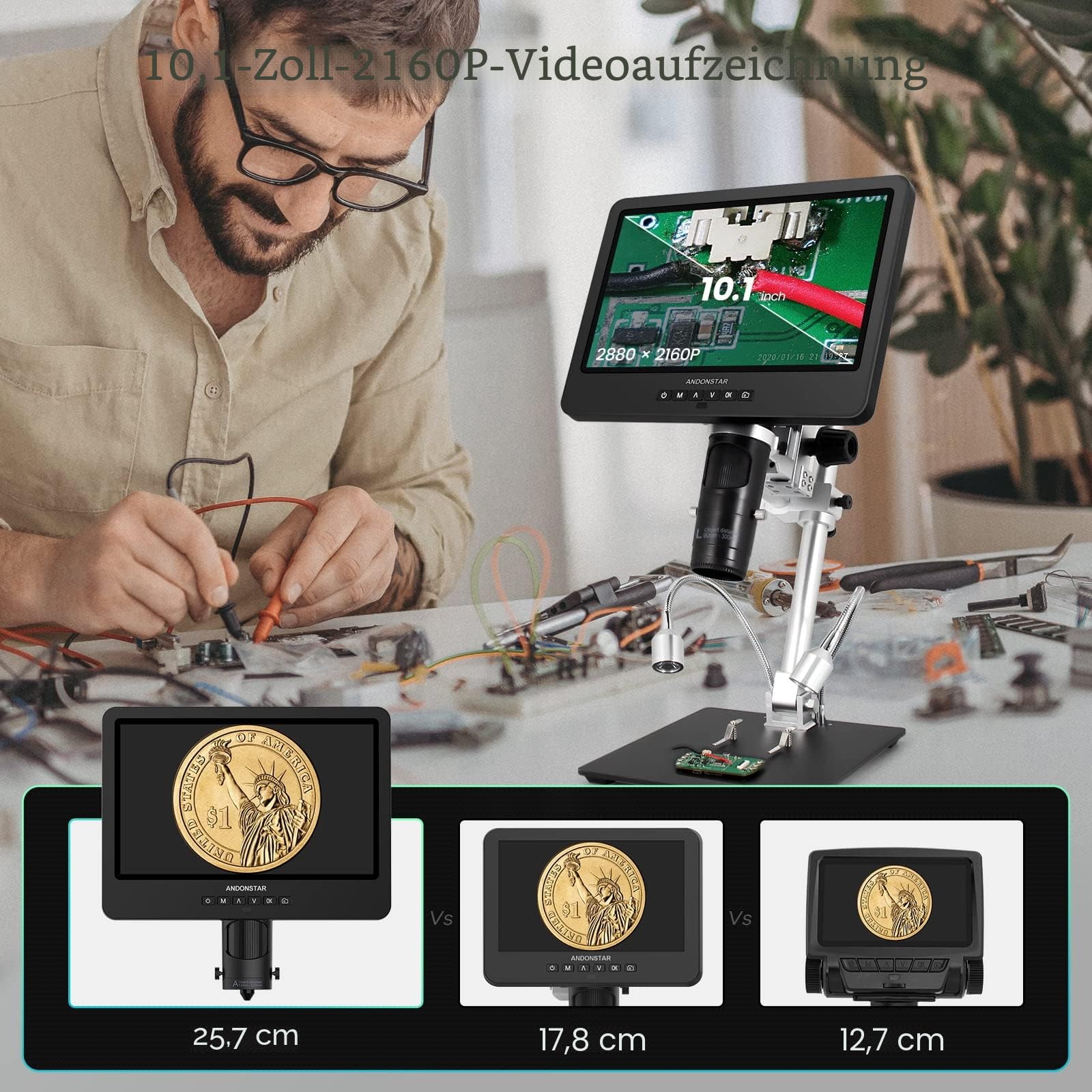 Andonstar AD249S-M 10,1-Zoll HDMI Digitales Mikroskop 2000x 2160P UHD 3 Objektive mit 32G-Karte