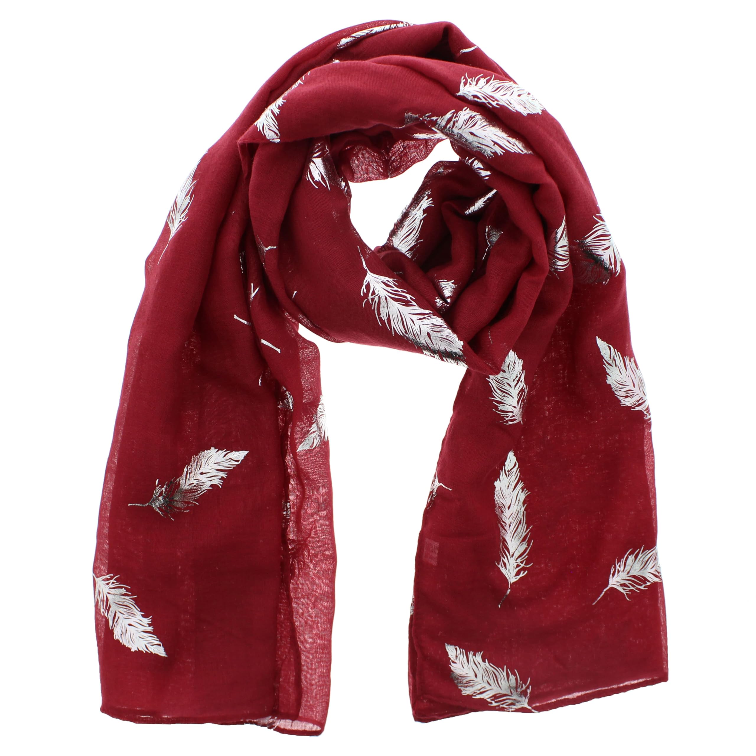 Zac's Alter Ego Women's Burgundy Scarf With Silver Foil Metallic Glitter Feather Print