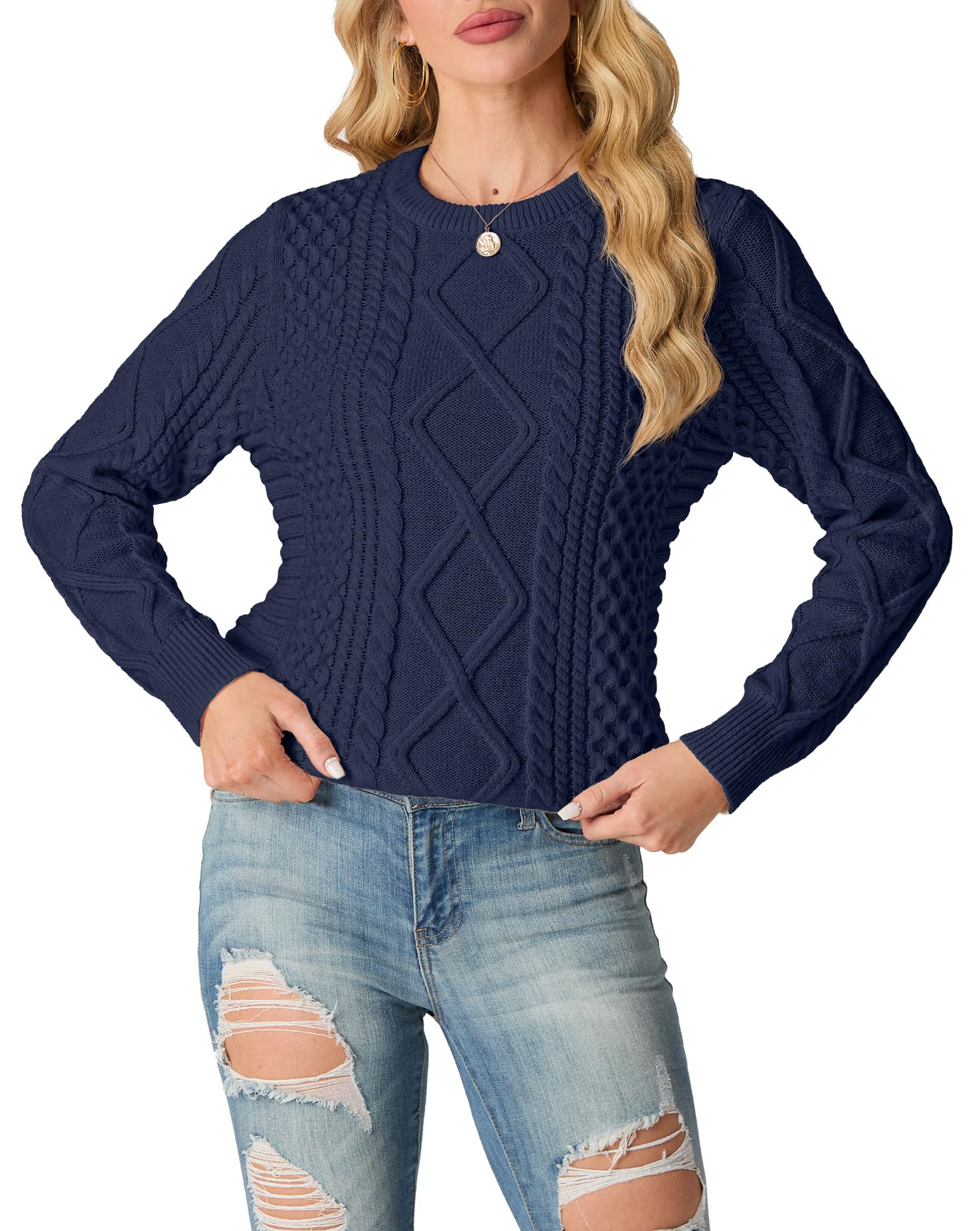 GRECERELLE Pull à col rond en tricot torsadé pour femme - Pull à manches longues pour femme