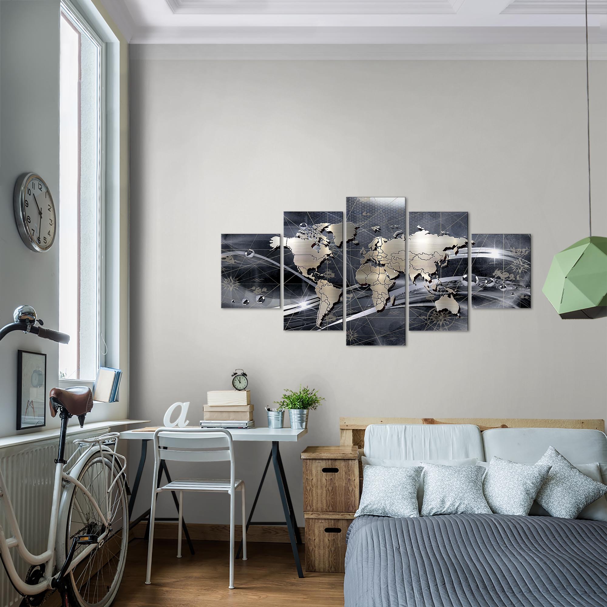 Runa Art - Quadri Mappa Del Mondo 200 x 100 cm 5 Pezzi XXL Decorazione Murale Design Grigio 106851c