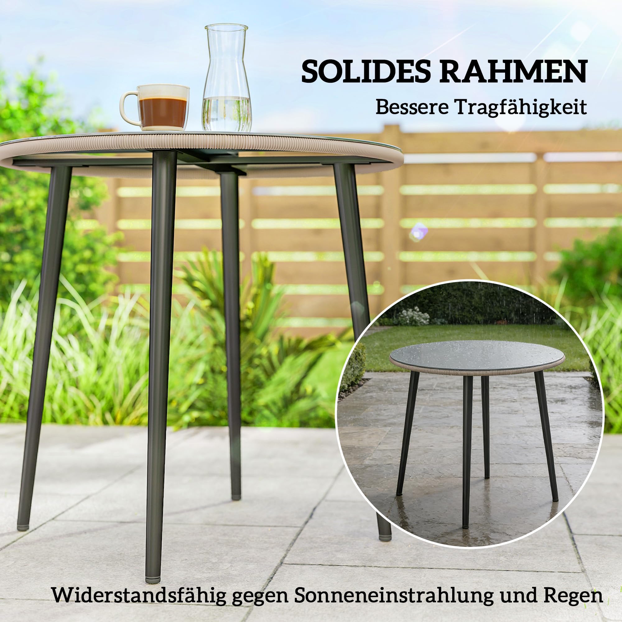 Outsunny Gartentisch Stahl 80 x 80 x 74 cm Buffettisch 4 Personen Grau | Mit Stahlrahmen, PE-Rattan-Rand, Verstellbaren Füßen, Campingtisch, Balkontisch, Outdoor Esstisch, Garten, Terrasse, Balkon