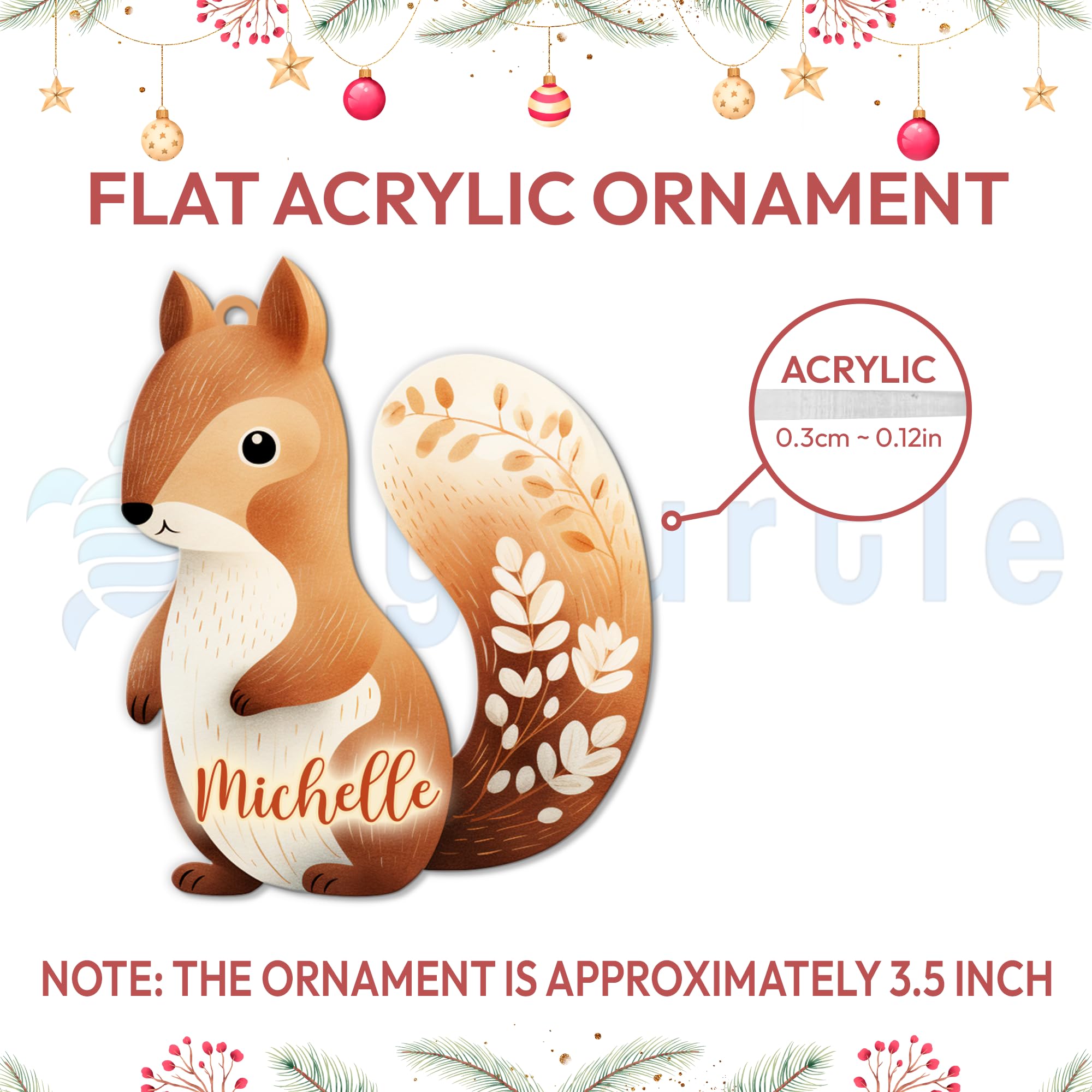 HYTURTLE Personalized 2D Flat Squirrel Christmas Ornament Gifts for Squirrel Lovers - Animal Ornament Gifts for Christmas Tree - Squirrel Decor Gifts for Kids - Custom Name Acrylic Ornament Keepsake