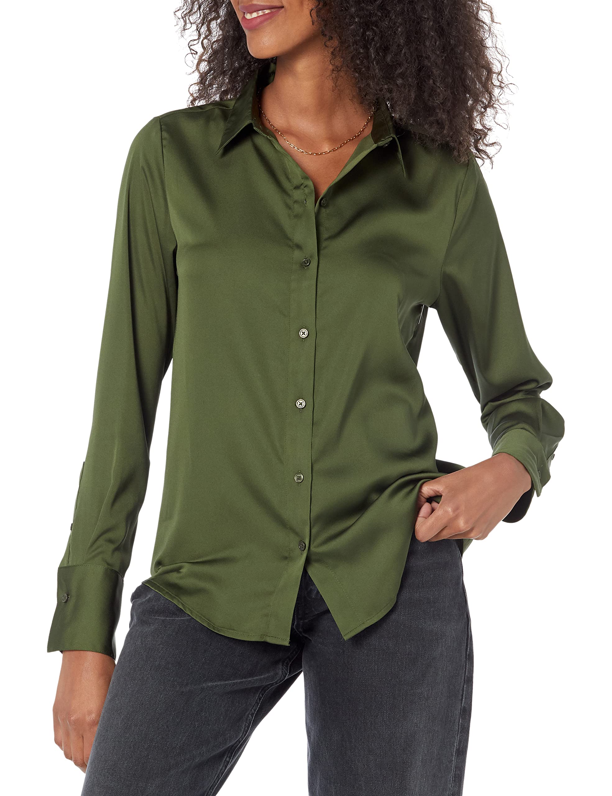 Amazon Essentials Blusa Abotonada de Satén, Corte Clásico (Disponible en Tallas Grandes) Mujer