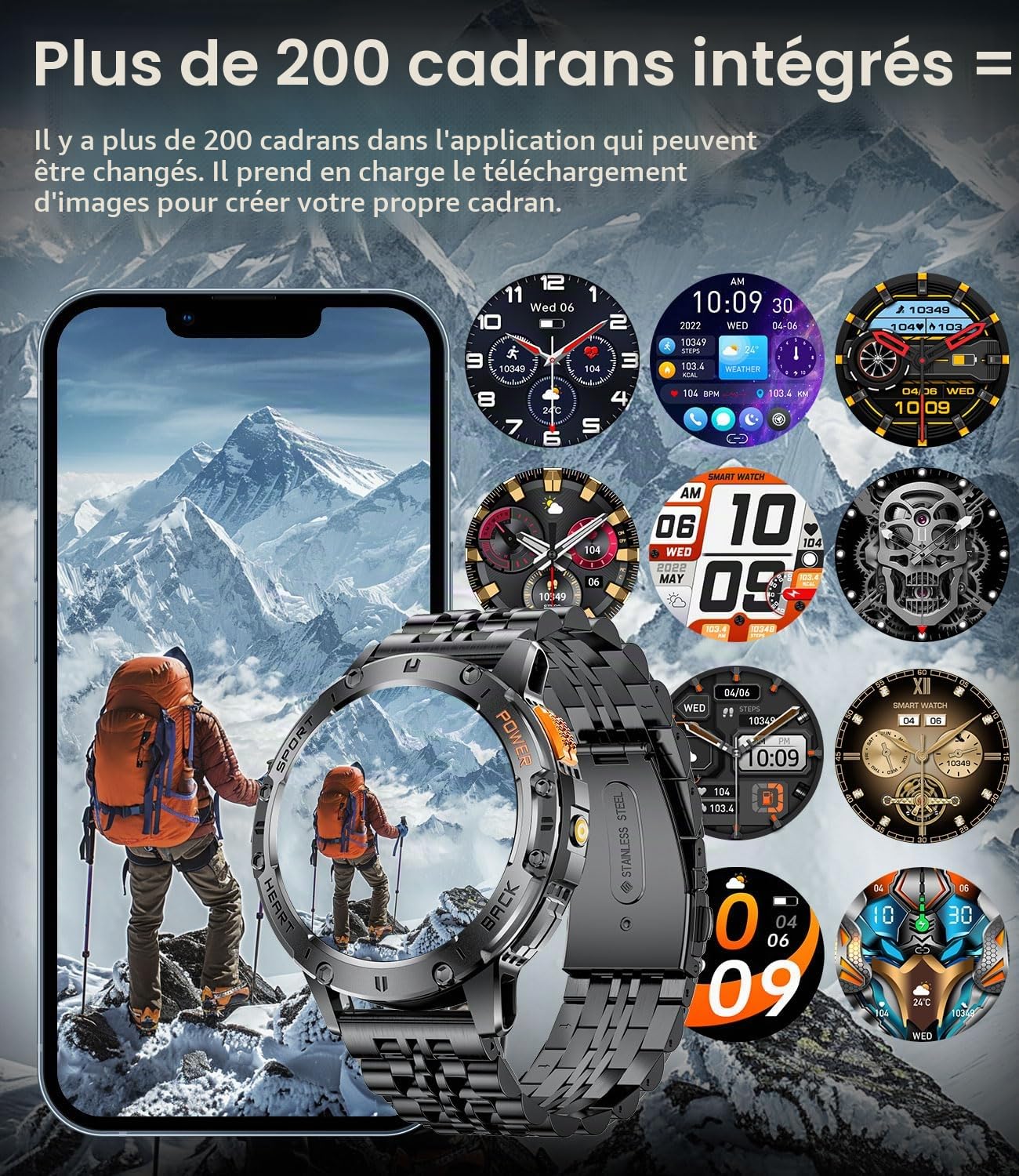 ESFOE Montre Connectée Homme Militaire,1.43'' AMOLED Écran/Lampe/530 mAh Smartwatch Homme Appel Bluetooth,Fréquence Cardiaque,Sommeil,Podometre,5ATM Étanche Fitness Tracker Android/iOS Noir