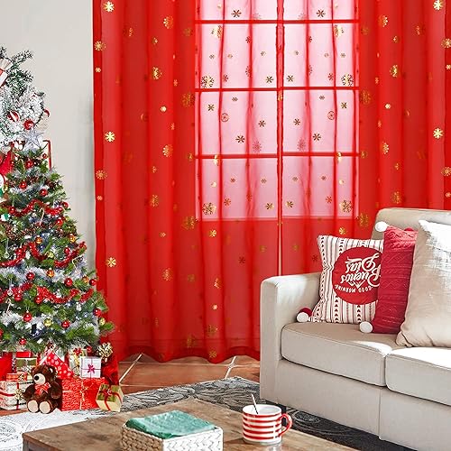 Miniatura 2 de Cortinas traslúcidas de Navidad con copos de nieve, cortinas transparentes de gasa con estampado dorado de lujo, par de tratamiento de bronceado