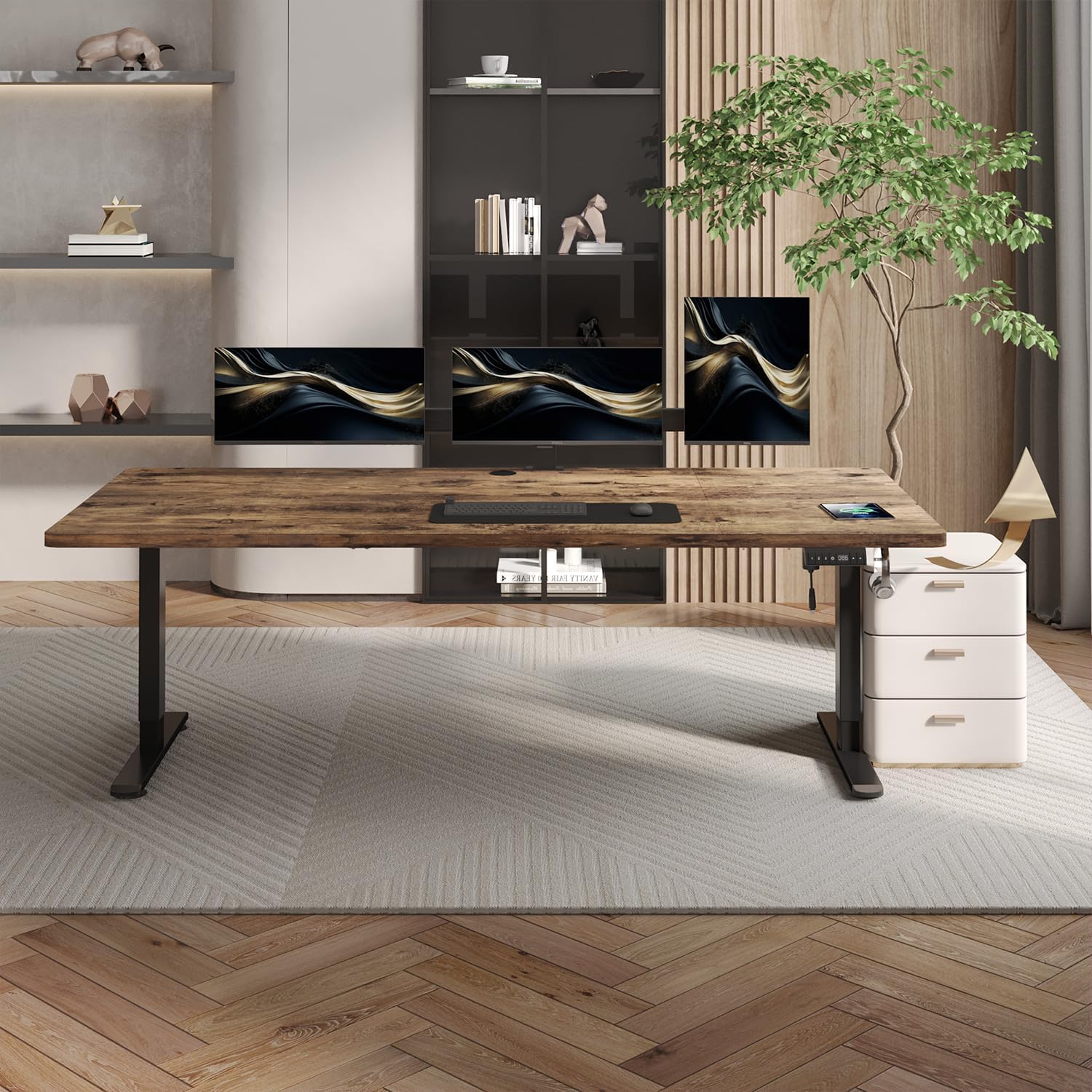 JUMMICO Höhenverstellbarer Schreibtisch 200 x 80 cm mit Kabelwanne, Höhenverstellbar Elektrisch Stehpult mit USB-Buchse, Computertisch, Ergonomischer Steh-Sitz Tisch, Bürotisch, Vintage-Braun