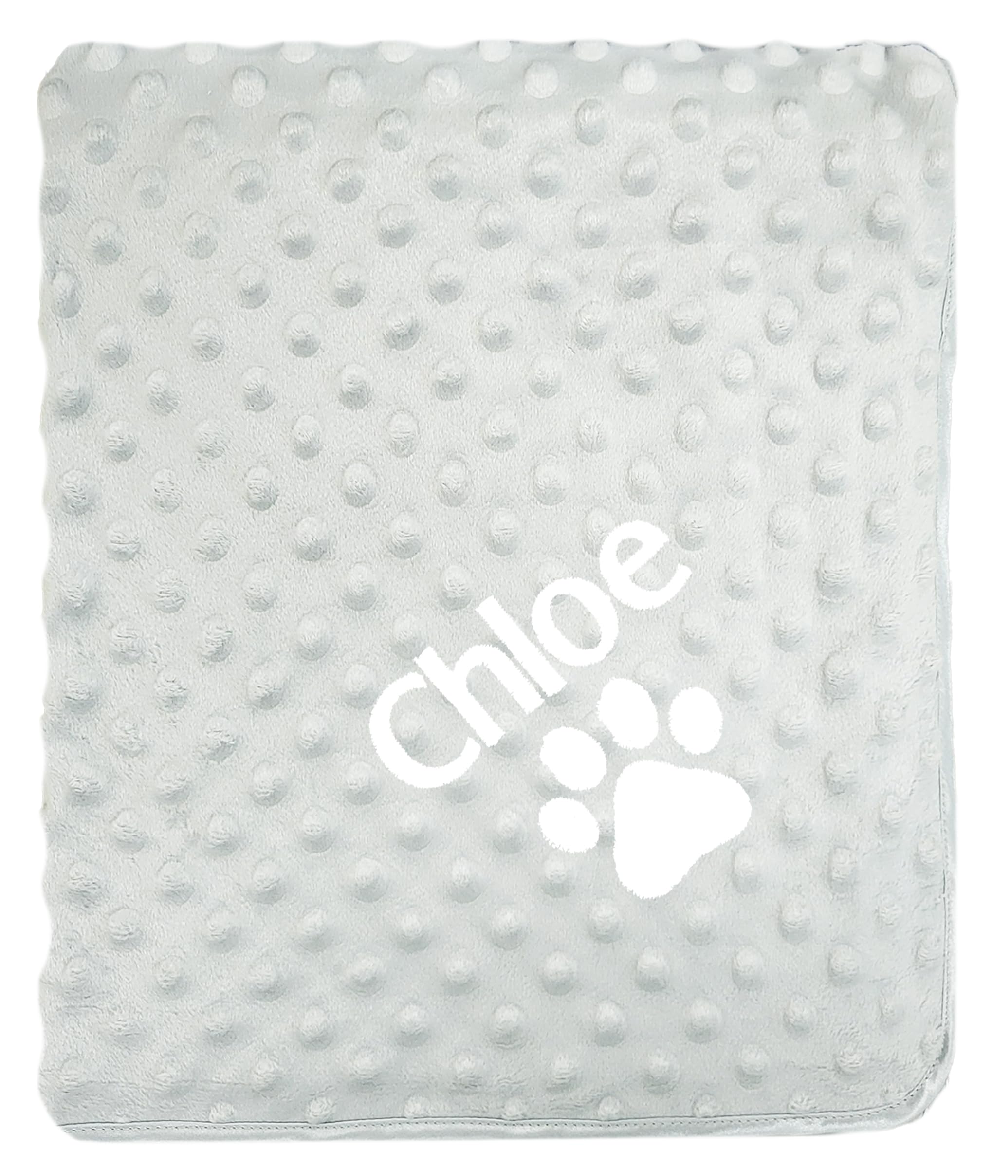 JJLC Personalised Dog Cat Pet Blankets Embroidered Name Paw (Grey Bobble, White Name)