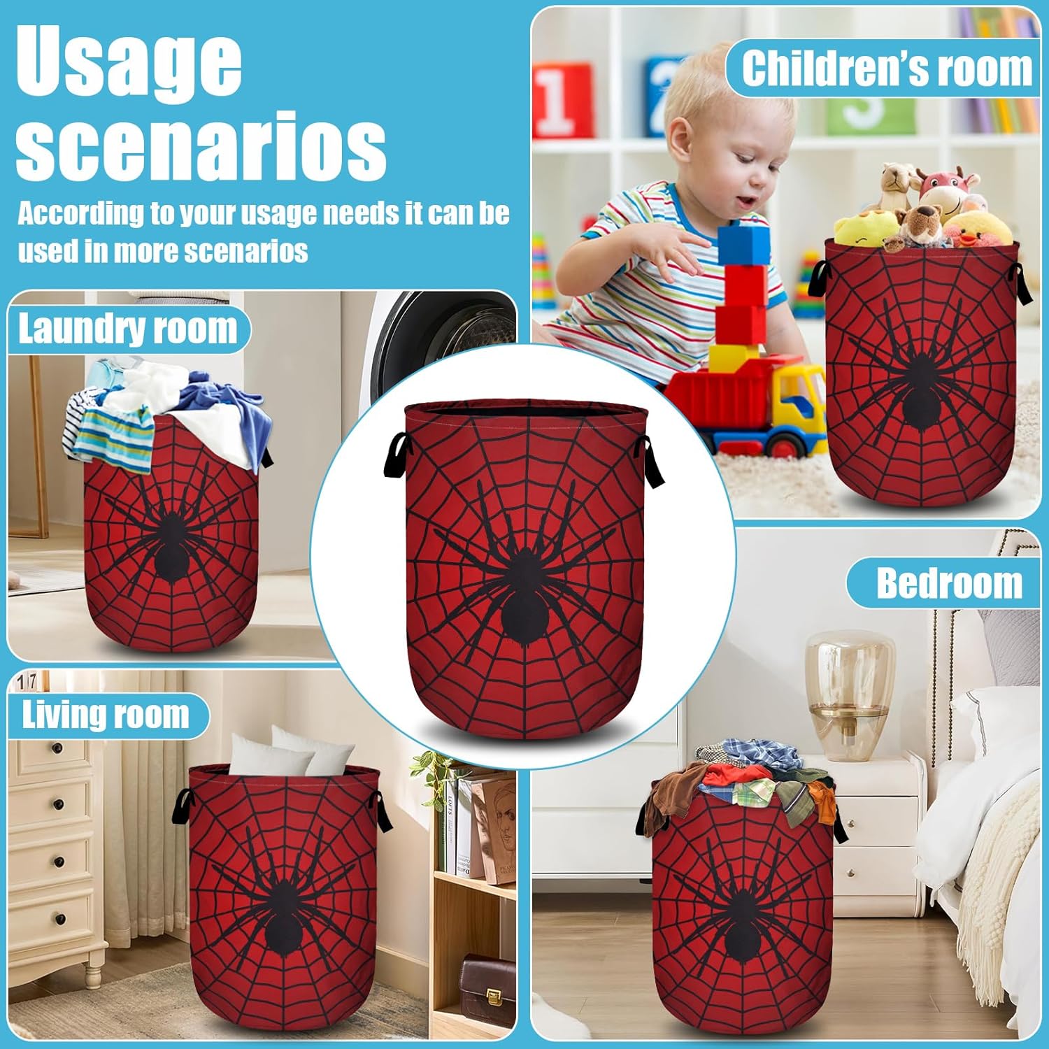 Red Spider Web Laundry Basket, Laundry Hamper Collapsible Oxford Cloth with Handle Clothes Toy Storage Bin for Bathroom Laundry Room Bedroom 15.7 X 20 Inch