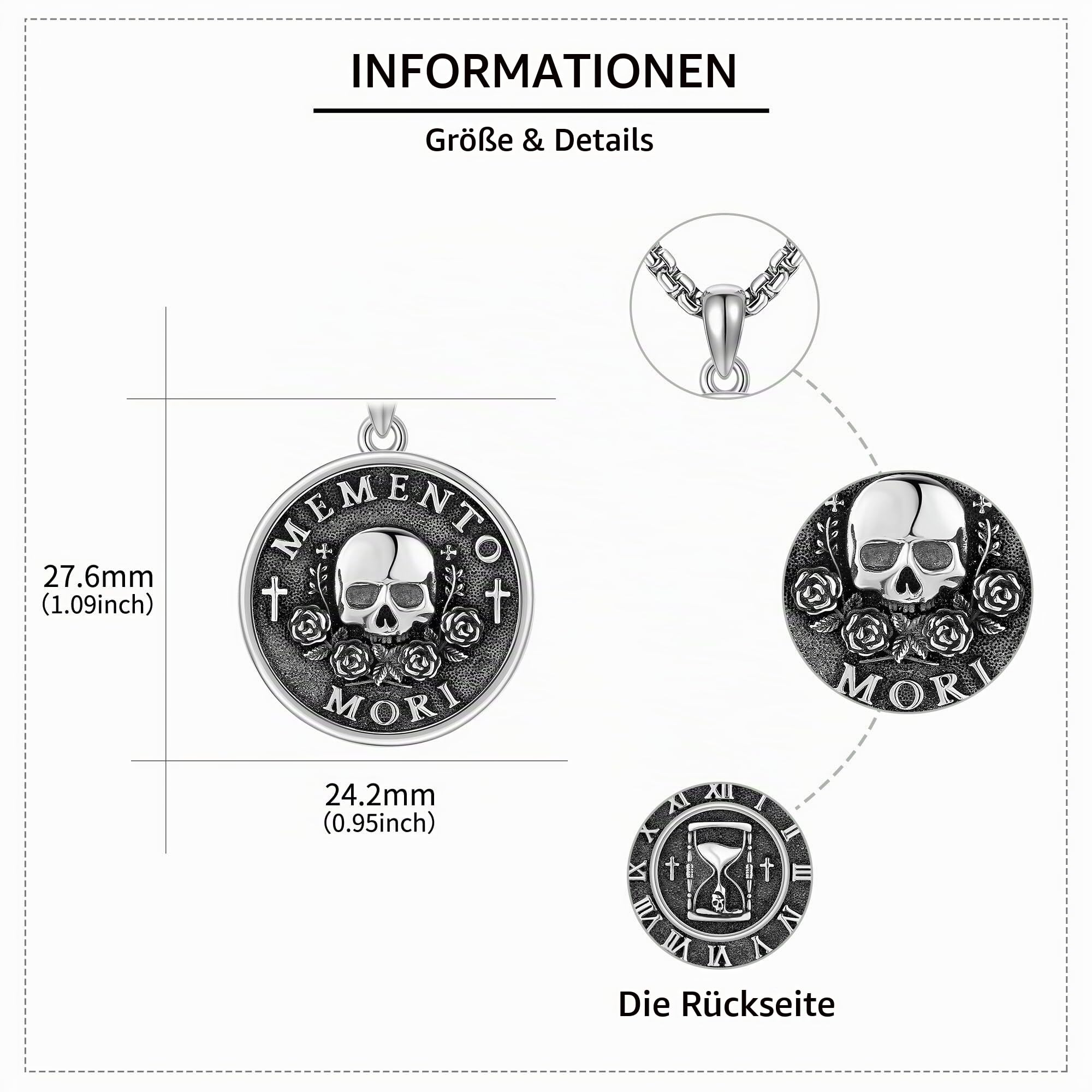 URONE Memento Mori-Halskette aus Sterlingsilber Memento Mori-Totenkopf-Rosen-Anhänger Totenkopf-Schmuck Geschenke für Frauen und Männer