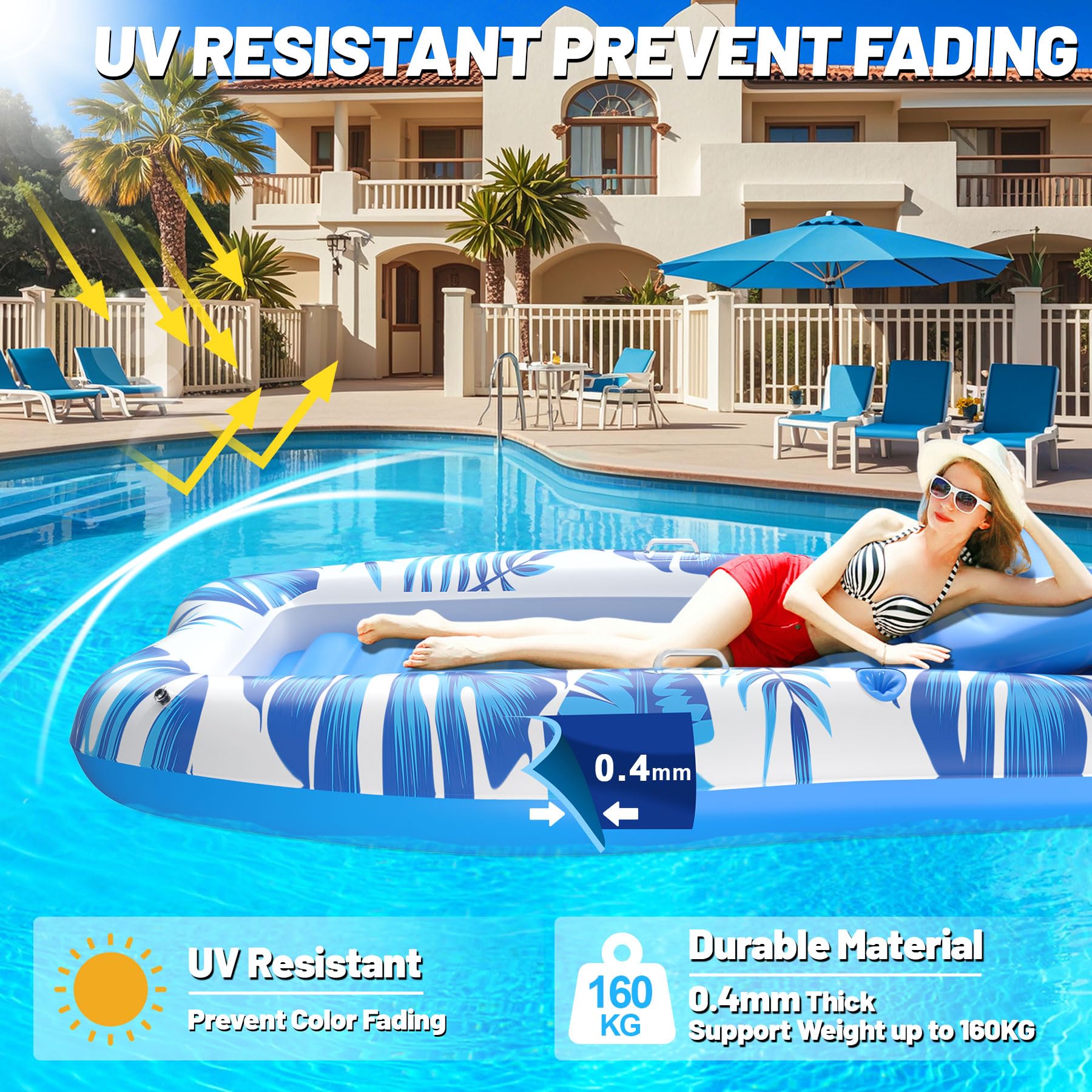DeeprBling Luftmatratze Pool Erwachsene, Große Luftmatratze Wasser mit Aufblasbare Kissen, Getränkehalter & Telefonhalter, Aufblasbarer Sonnenpool, Verdickte Pool Matratze Erwachsene zum Sonnenbaden