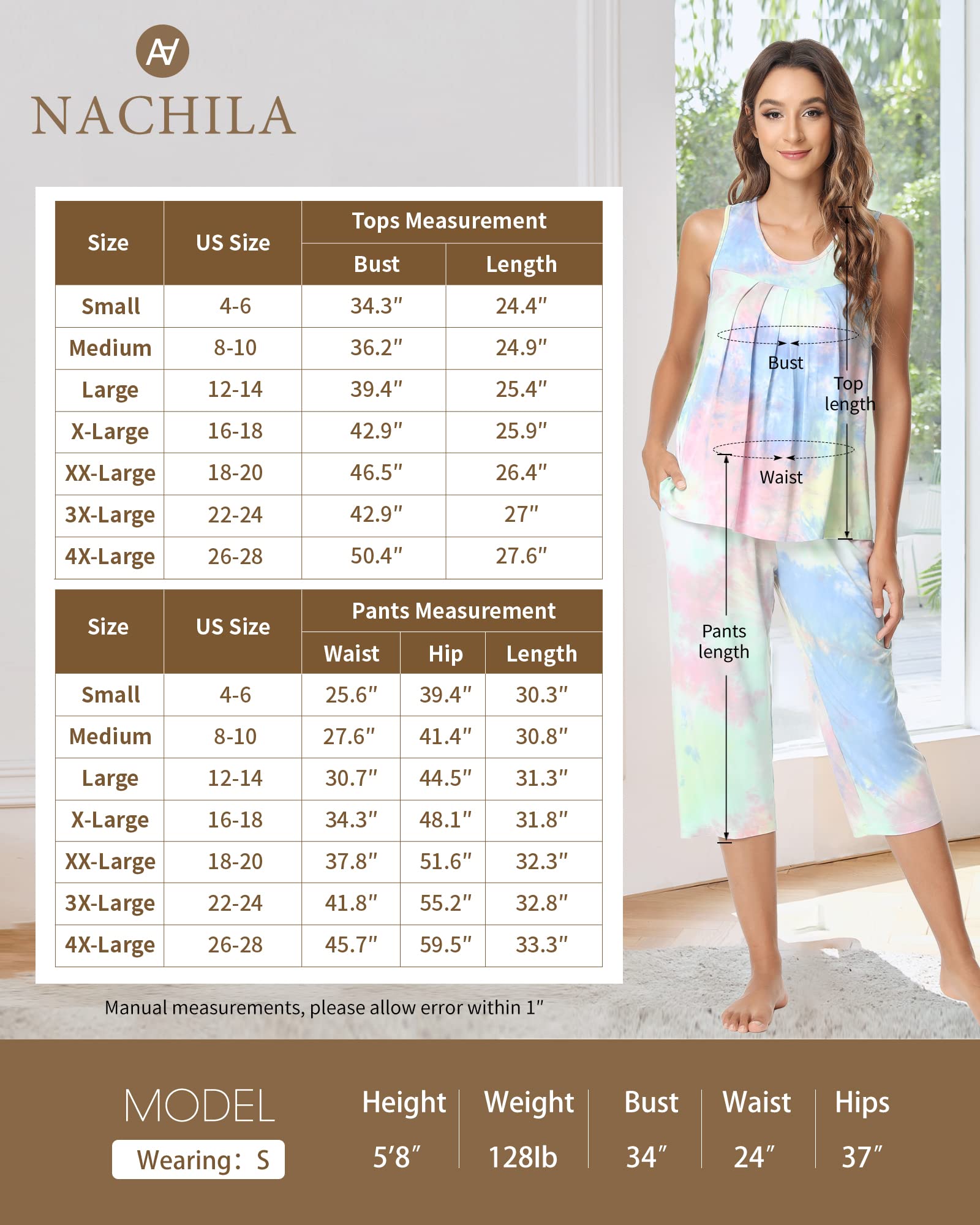 NACHILA Women's Pajama Set - Viscose Bamboo Sleeveless Tank & Capri Pants, Lace Trim, XX-Large - View #4