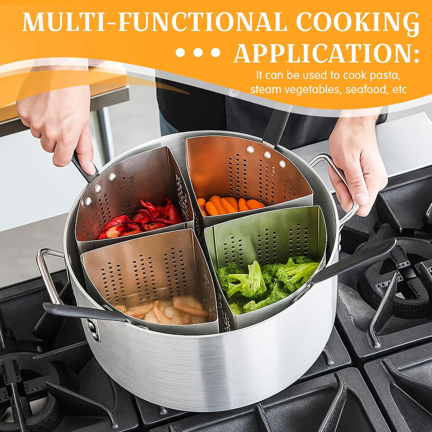 LemonRoad 2 Pack 5 Qt Stainless Steel Pasta Strainer Baskets Inserts Quarter Strainer Basket Skimmer with PVC Handles for 20 Qt. Pasta Cooker Pot for Boiling Noodle Blanching Vegetables Seafood