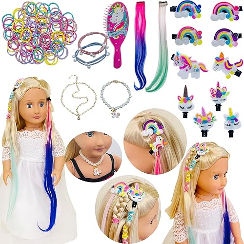 SAIBURAZ Accesorios para el cabello de muñeca de 18 pulgadas para American OG Girl cepillo de pelo de muñeca Rainbown Unicorn Kit accesorios de