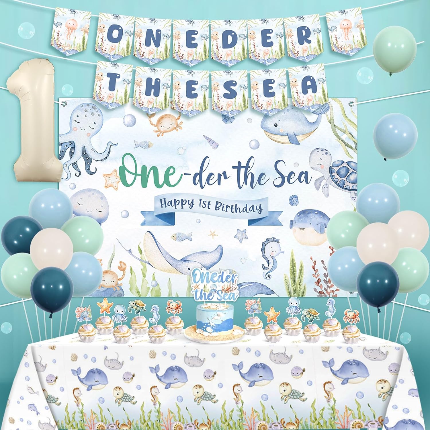 Jollyboom Oneder the Sea Party Decorations Boy, Under the Sea 1st Birthday Decorations Backdrop Banner Cake Cupcake Topper Number 1 Balloons Tablecloth for 1 Year Old Boy