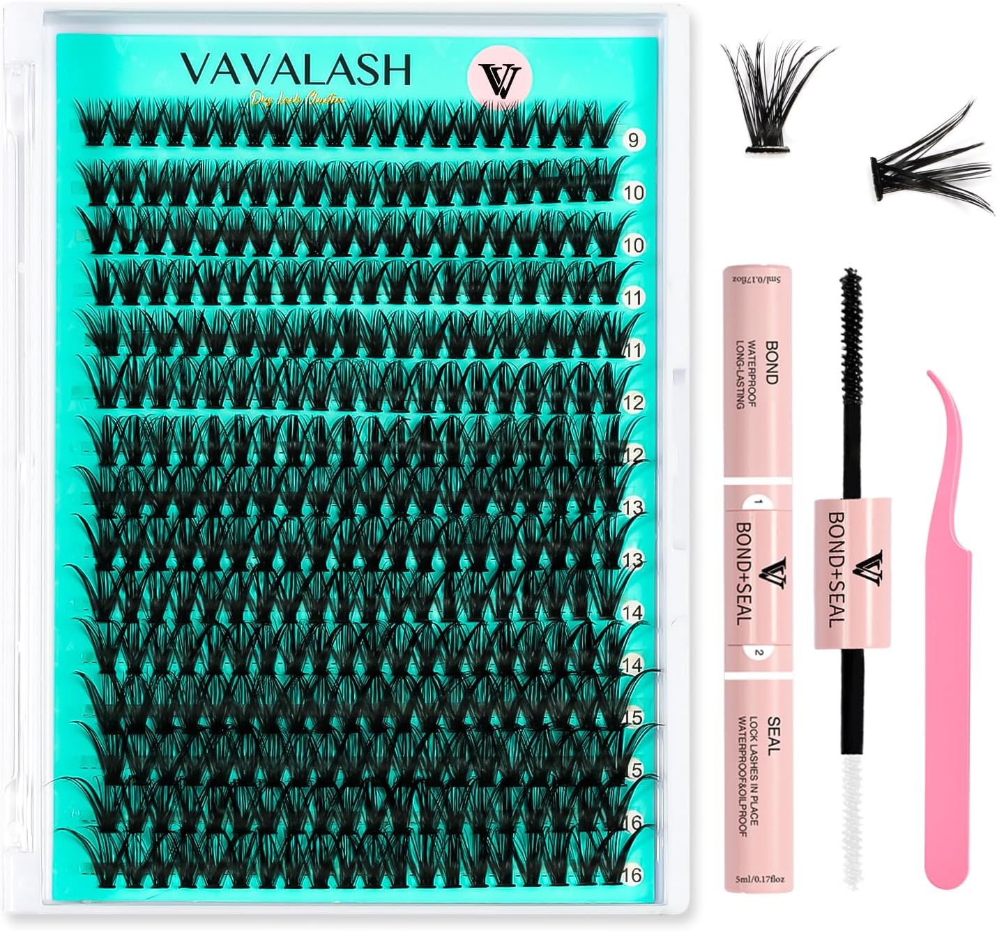 VAVALASHDIY Lash Extension Kit 300 PCS Individual Cluster Lashes Kit 40D 0.07-9-16mm Lash Clusters, Lash Bond and Seal, Lash Tweezer for DIY Eyelash Extension at Home（Kit-40D-0.07-9-16MIX）