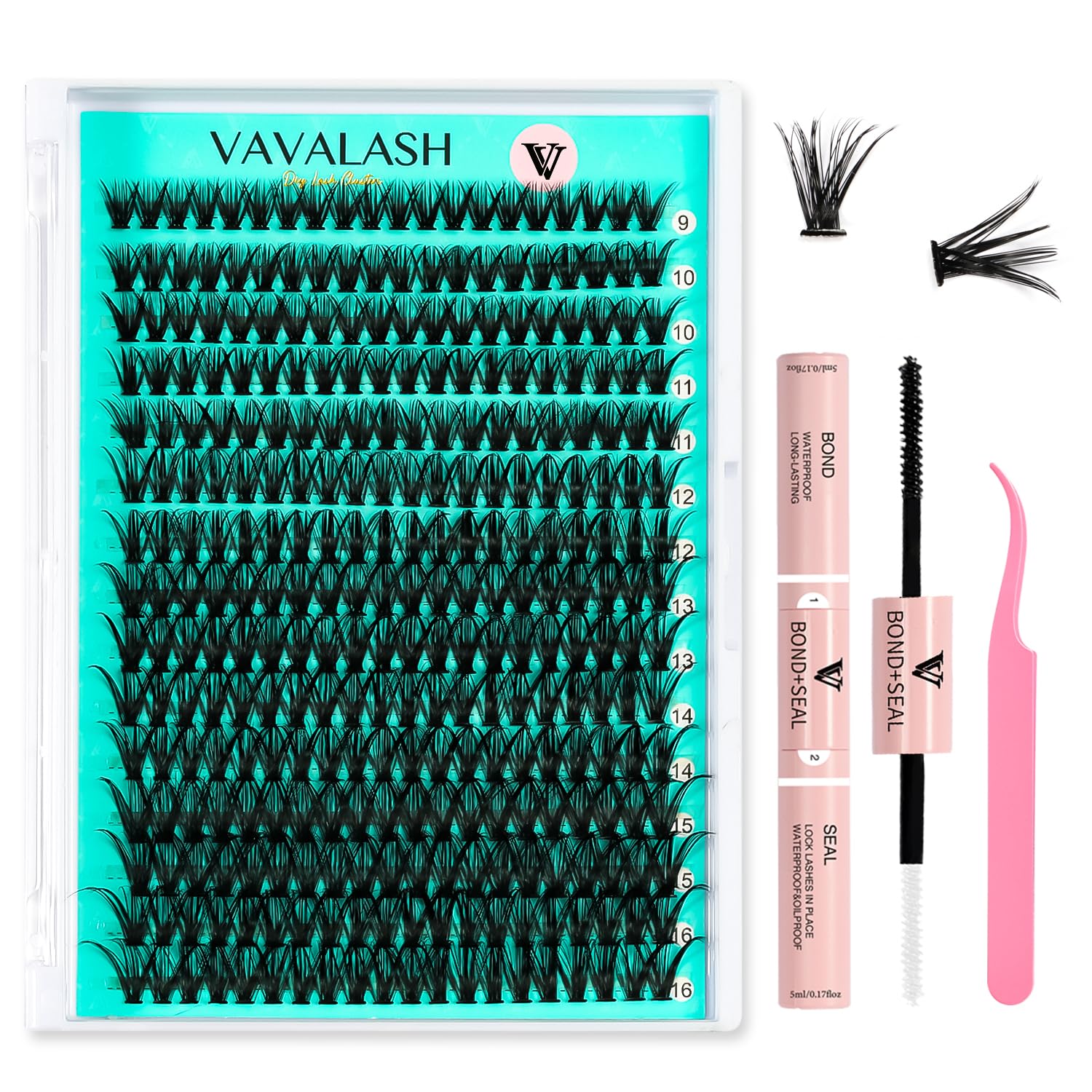 VAVALASHDIY Lash Extension Kit 300 PCS Individual Cluster Lashes Kit 40D 0.07-9-16mm Lash Clusters, Lash Bond and Seal, Lash Tweezer for DIY Eyelash Extension at Home（Kit-40D-0.07-9-16MIX）