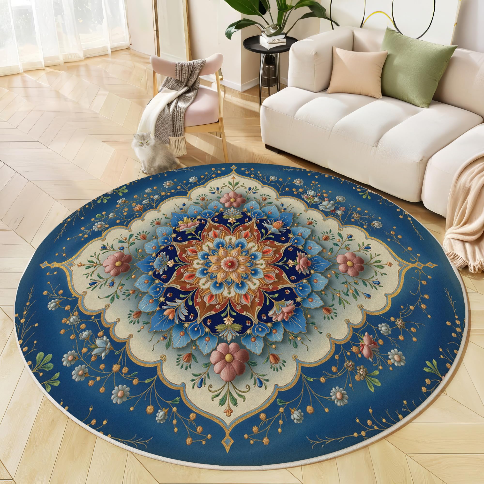 Tapis rond ornements floraux persans bleu foncé douceur et finesse 200cm