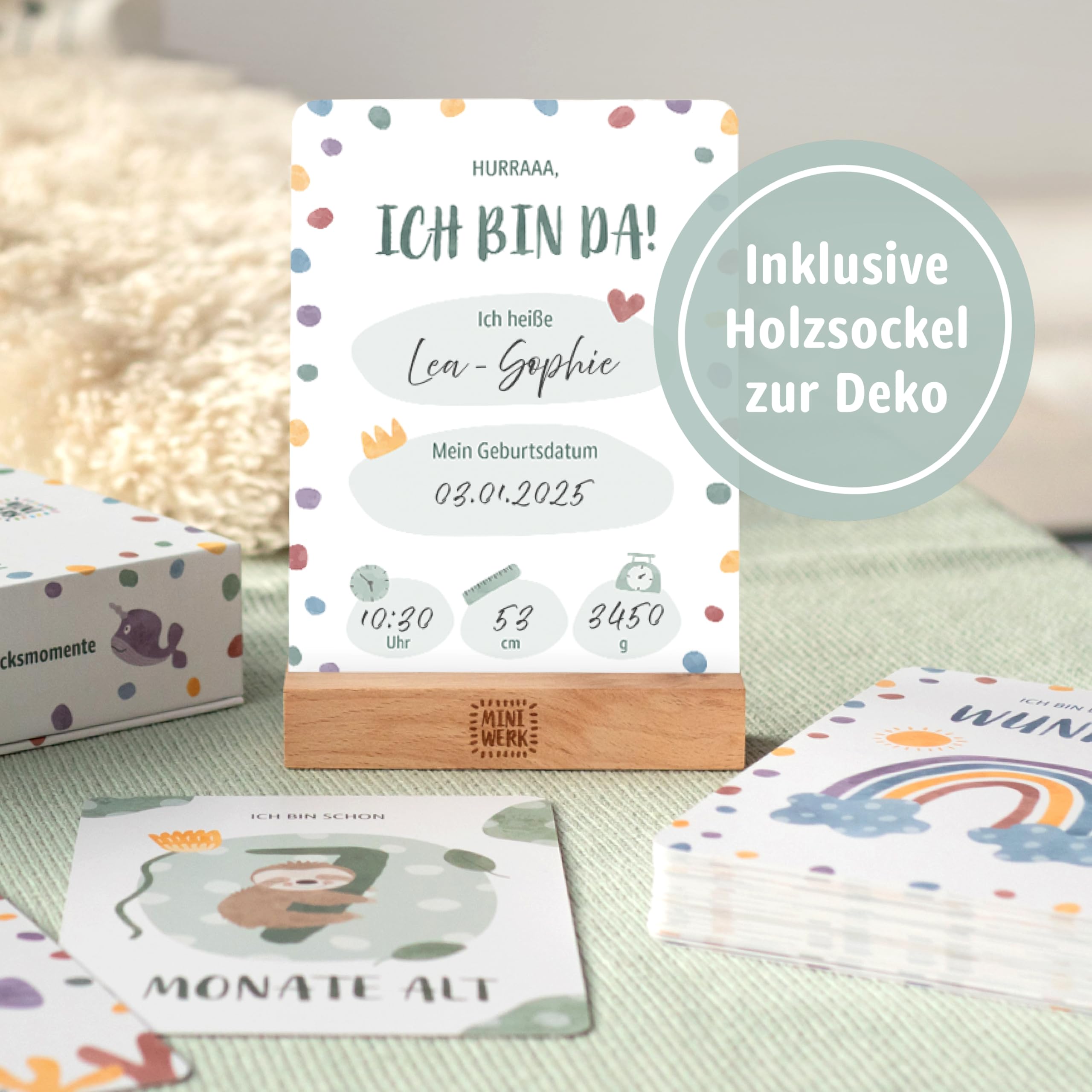 Miniwerk Meilensteinkarten Baby 60 Stück – persönliches Geschenk zur Geburt, Erinnerungsbox Baby, Babytagebuch, Ergänzung zur Baby Erstausstattung für Neugeborene und Eltern, Kontrastkarten Baby