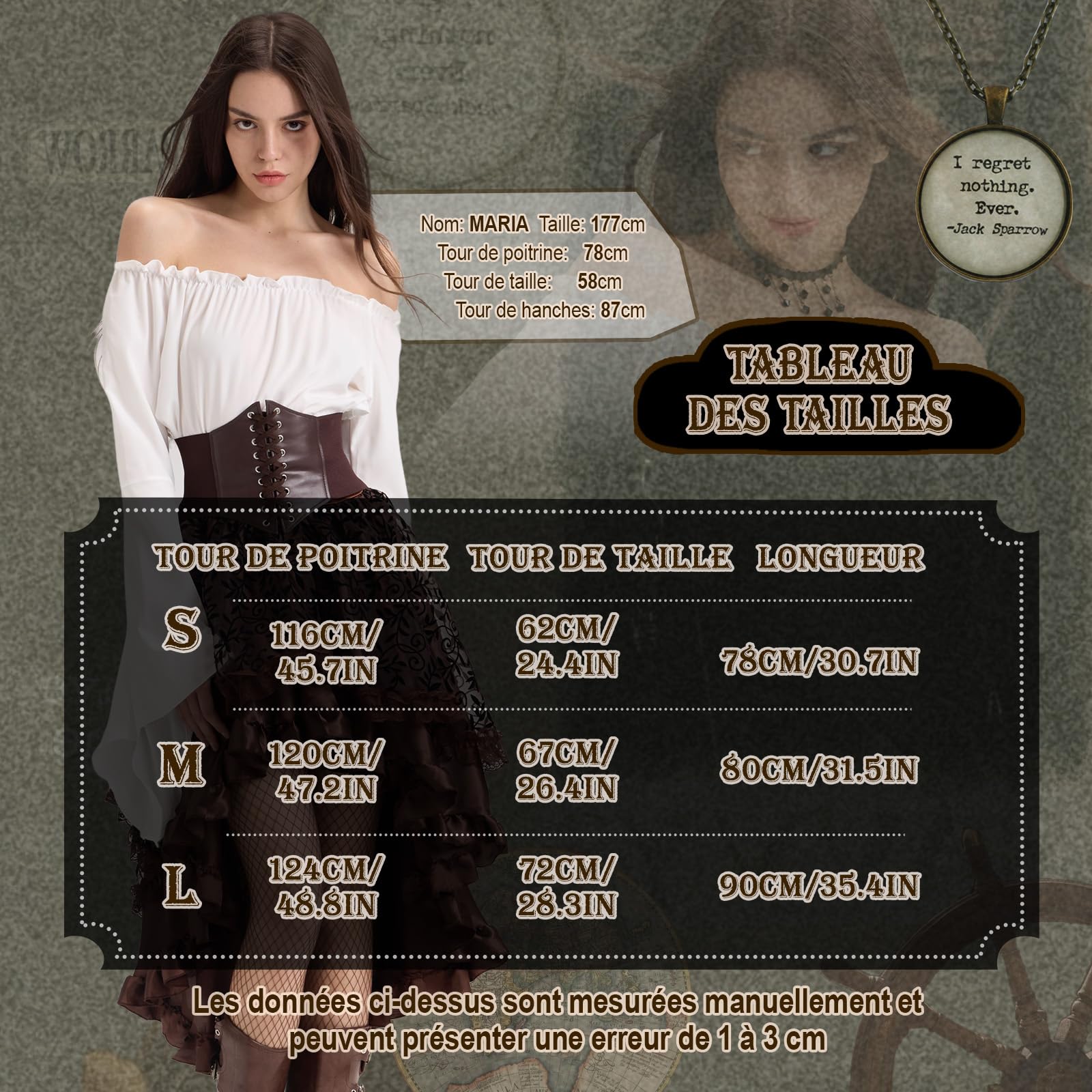 Charmofun Costume de Pirate pour Femme, Robe Medievale Femme avec Blouse à Épaules Dénudées et Corset de Pirate, Rétro Renaissance Victorienne Deguisement pour Carnaval Halloween Cosplay (Brun, S)