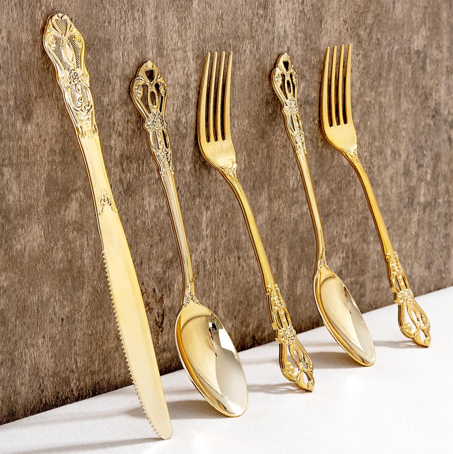 200PCS Gold Plastic Silverware - Heavy Duty Elegant Disposable Utensils - Gold Plastic Cutlery Set Includes 100Forks, 50Spoons, 50Knives for Dinner, Parties, Weddings - Image 3