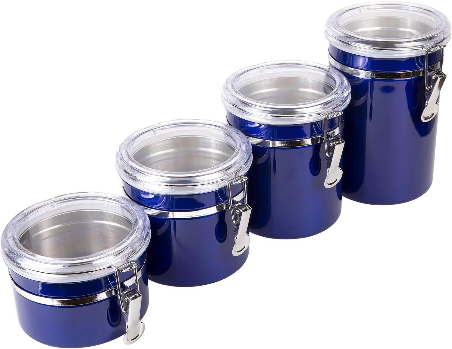 Creative Home Set of 4 Pieces Stainless Steel Kitchen Storage Jar Container Canister with Clear Airtight Lid and Locking Clamp for Food, Cookie, Flour, Sugar, Tea, Coffee Storage, Metallic Blue